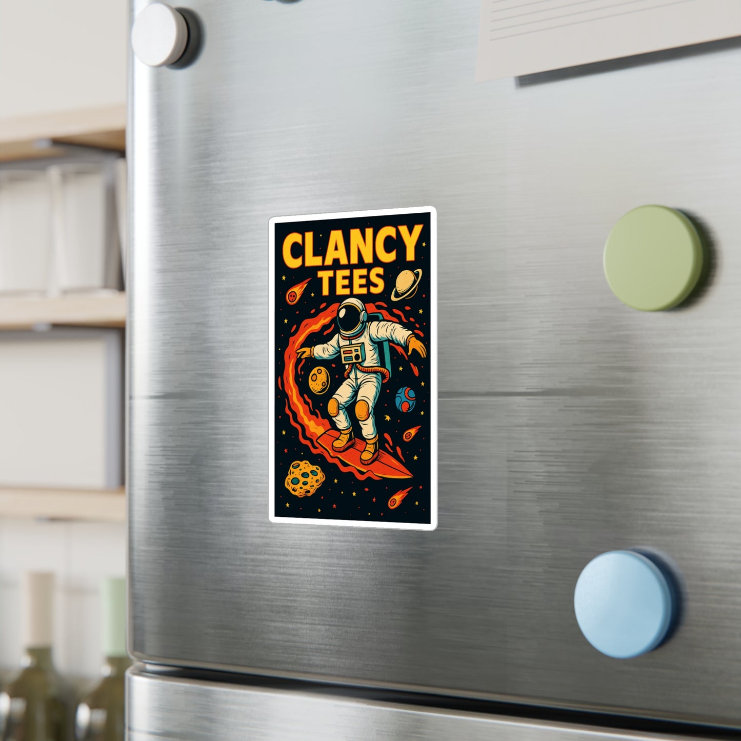ClancyTees Astronaut Surfer Sticker – Kiss Cut Vinyl Decal, Space Artwork, Retro Sci Fi Aesthetic, Gift for Cosmic Dreamers