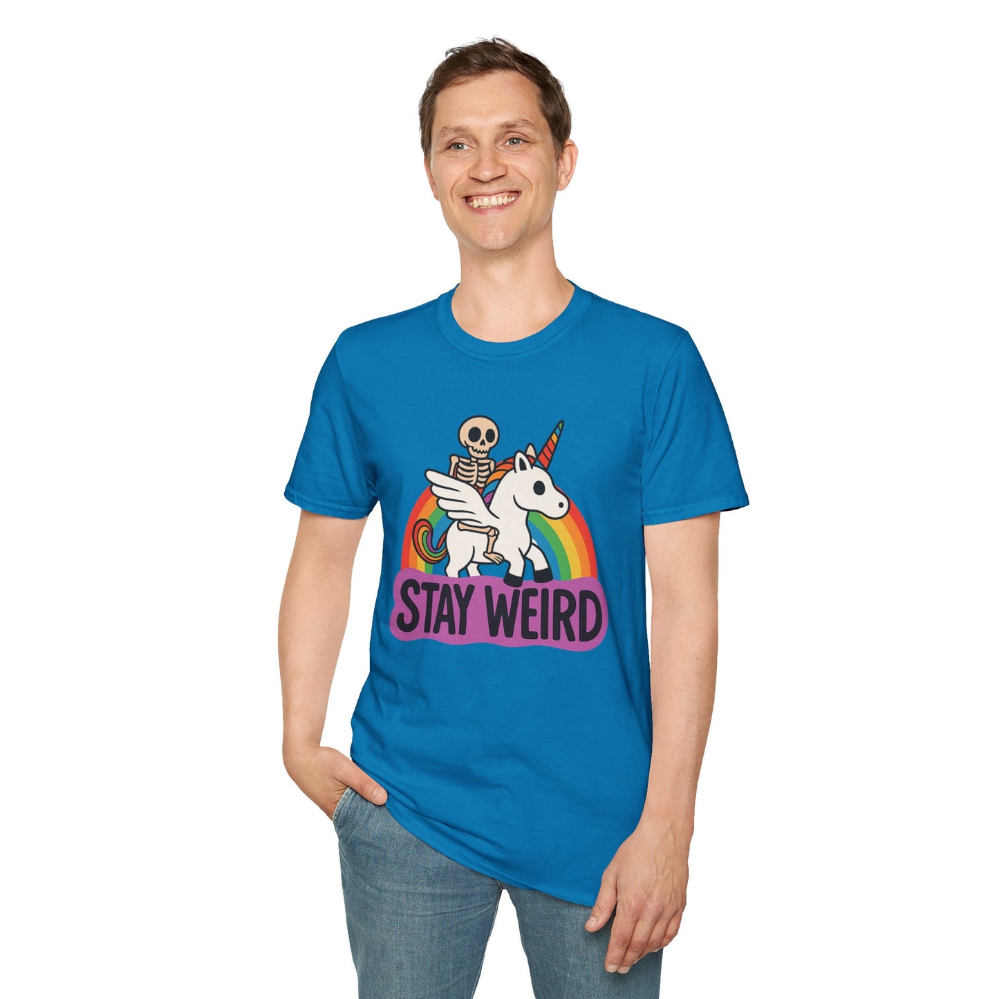 Stay Weird Skeleton Unicorn Shirt – Funny Rainbow Graphic Tee – Whimsical Weirdcore Clothing – Gift for Quirky Friends and Oddball Souls