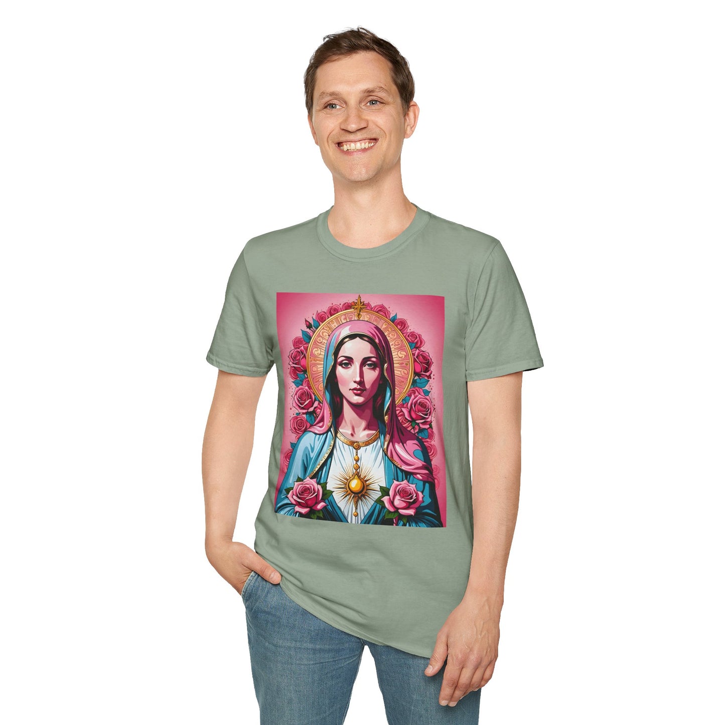Unisex Softstyle T-Shirt with Sacred Heart Design, Spiritual Apparel, Artistic Gift for Many Occasions, Vintage Aesthetic, Festive Wear