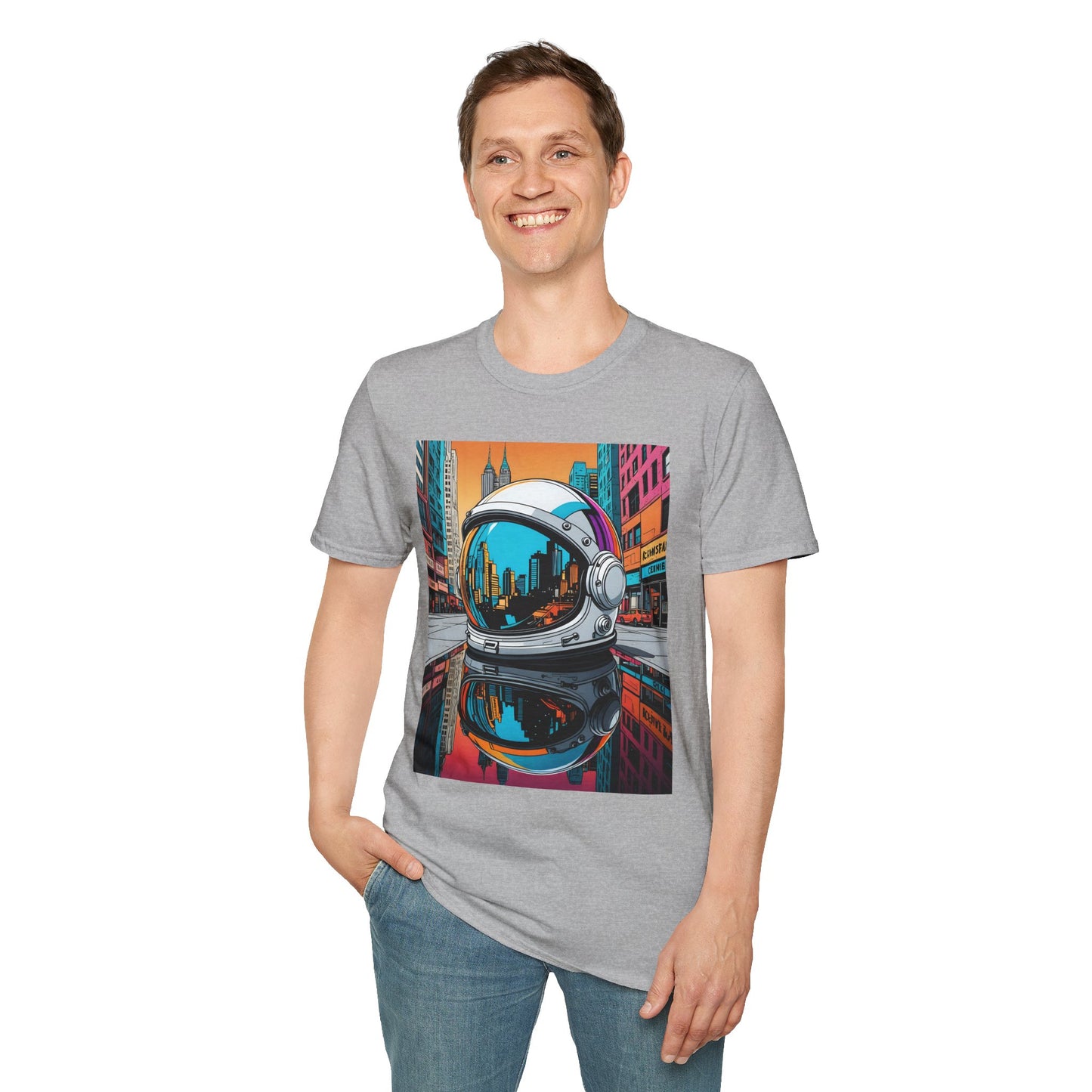 City Astronaut Reflection T-Shirt – Urban Space Art Tee – Gift for Sci-Fi Fans, Streetwear Addicts, and Cosmic Daydreamers