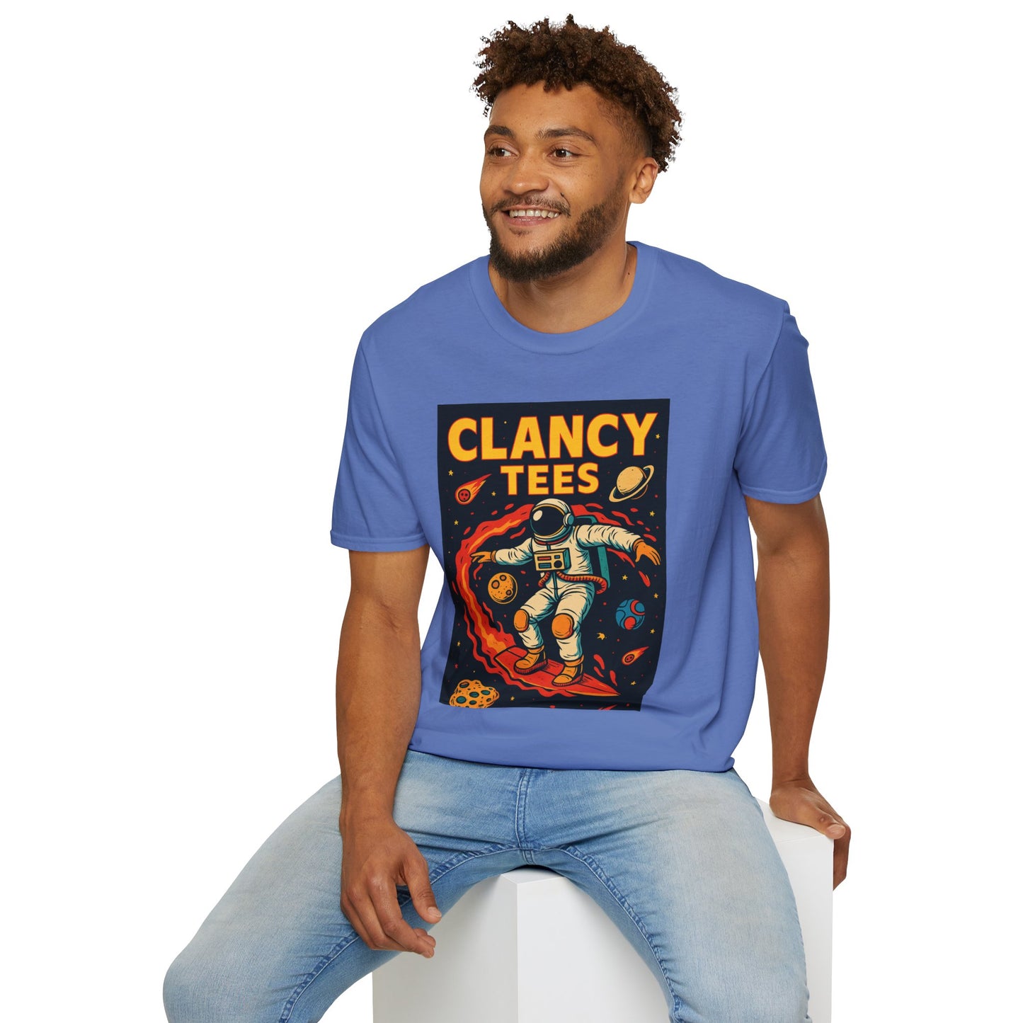 Astronaut Surfing T-Shirt – Outer Space Surfer Tee – Gift for Sci-Fi Beach Bums, Stoner Surfers, and Cosmic Wave Riders