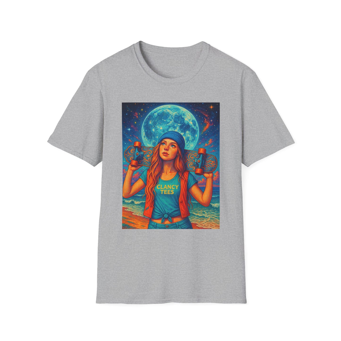 Bohemian Skater Girl Graphic Tee, Unisex T-Shirt with Moon & Nature Design, Perfect for Festivals, Gift for Nature Lovers, Summer Vibes, Casual Wear