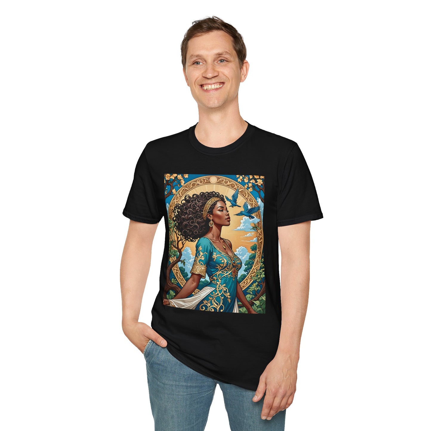 Bohemian Goddess T-Shirt, Unisex Softstyle Tee, Nature-Inspired Apparel, Gift for Women, Artistic Graphic Shirt, Eco-Friendly Fashion