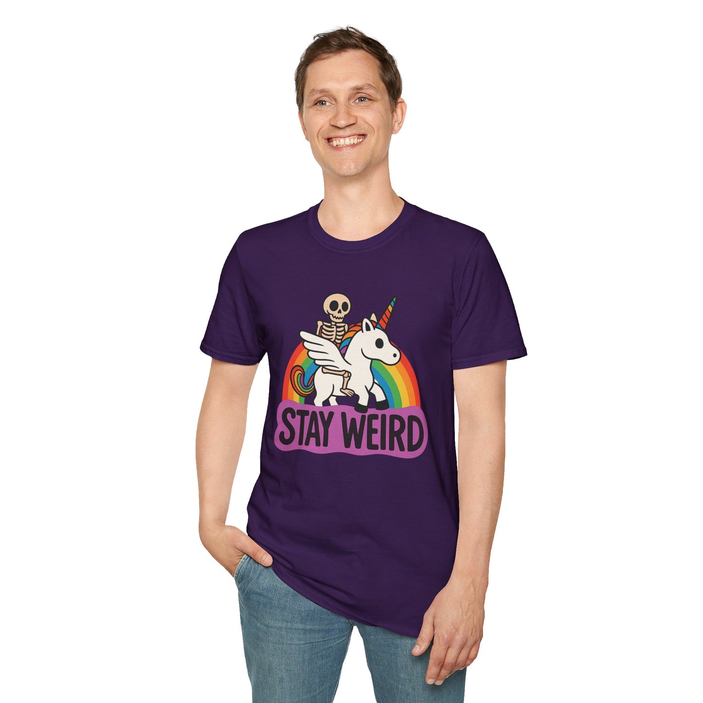 Stay Weird Skeleton Unicorn Shirt – Funny Rainbow Graphic Tee – Whimsical Weirdcore Clothing – Gift for Quirky Friends and Oddball Souls