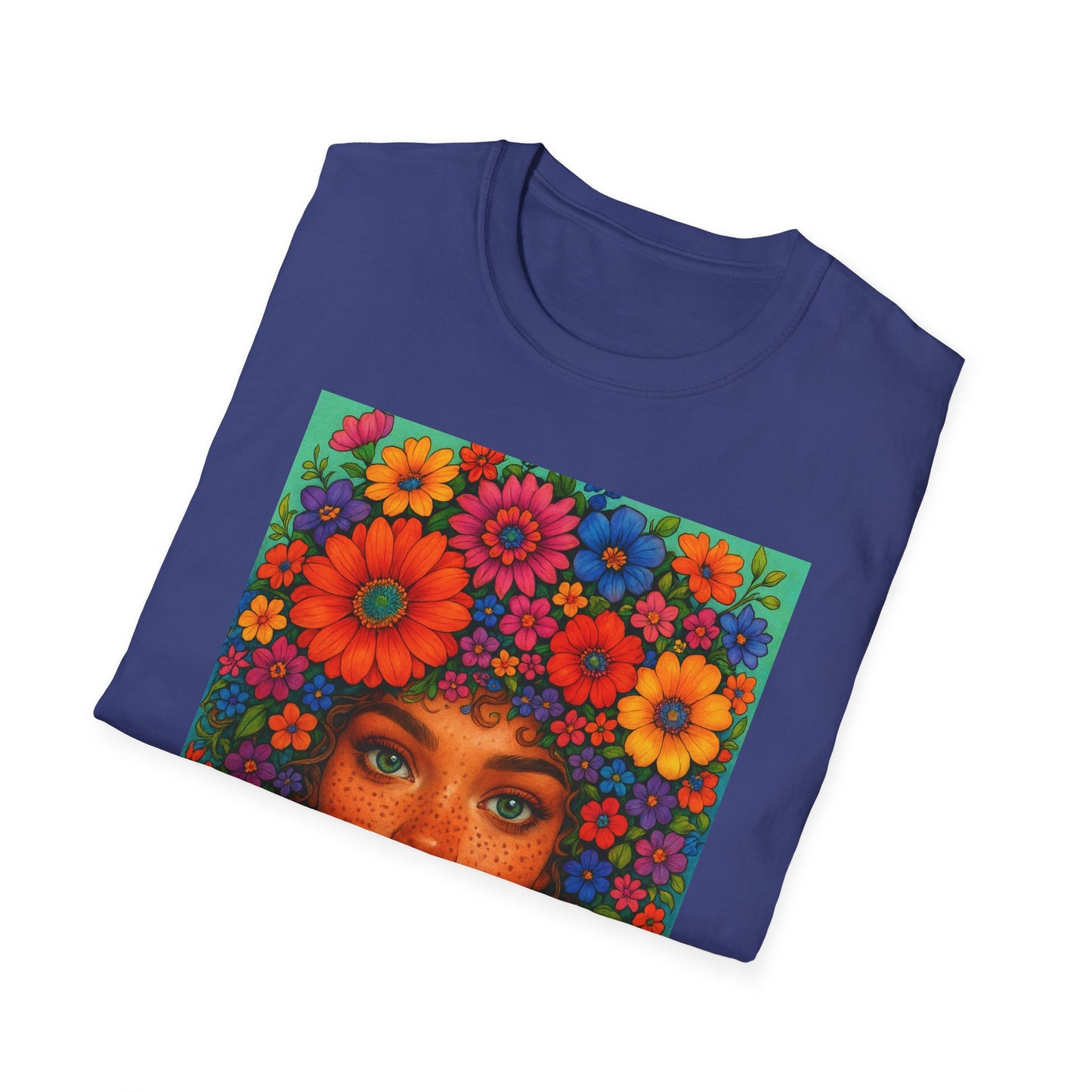 Flower Crown Woman T-Shirt – Afro Boho Floral Portrait Tee – Vibrant Art Shirt Gift for Nature Lovers, Hippies, Artists, and Bold Aesthetic Queens