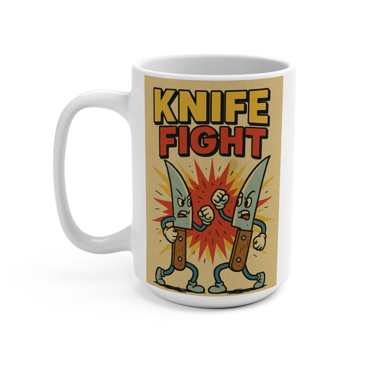 Knife Fight Mug Funny Cartoon Artwork Ceramic Coffee Cup Gift for Dark Humor Fans