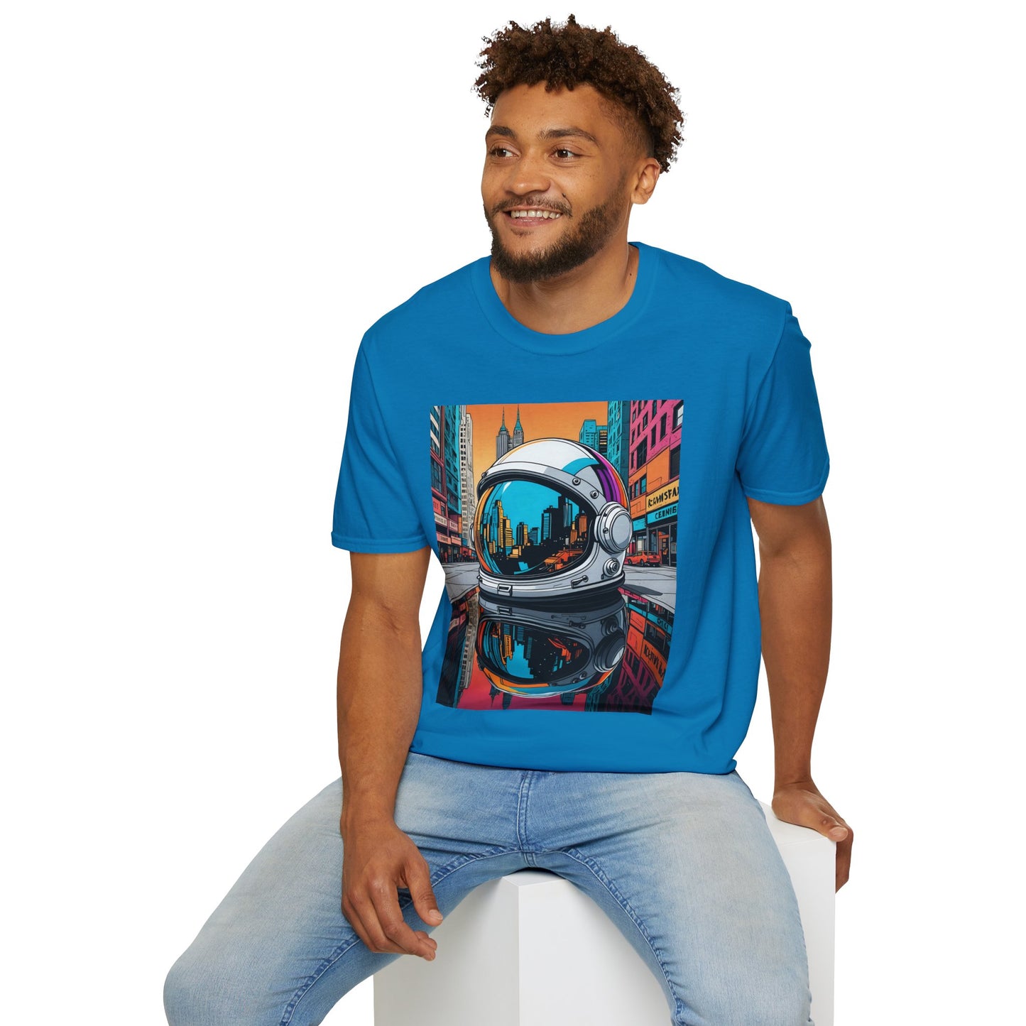 City Astronaut Reflection T-Shirt – Urban Space Art Tee – Gift for Sci-Fi Fans, Streetwear Addicts, and Cosmic Daydreamers