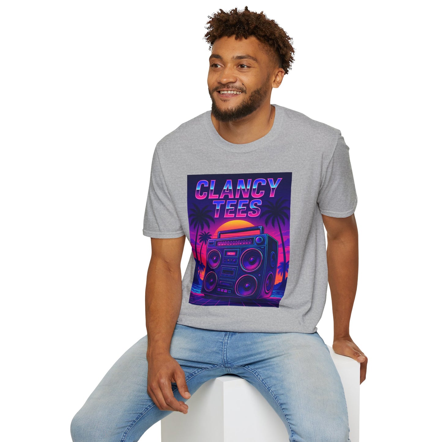 Retro Boombox Sunset Tee – Vaporwave Clancy Tees Shirt – Gift for 80s Kids, Music Lovers, Synthwave Fans & Nostalgic Neon Dreamers