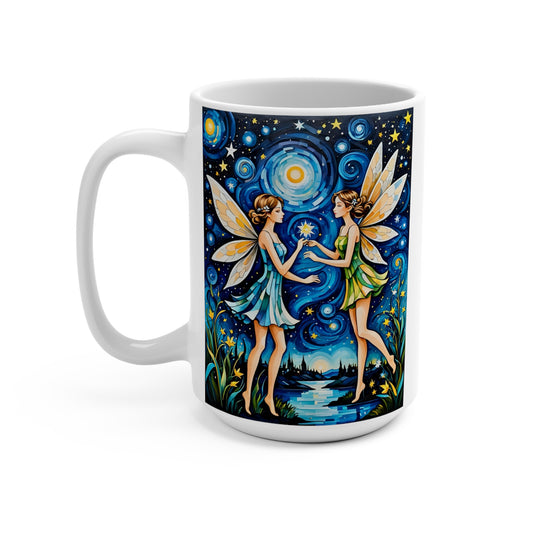 Starry Night Fairy Friends Ceramic Mug Whimsical Fantasy Coffee Cup Magical Artwork Celestial Enchanted Design