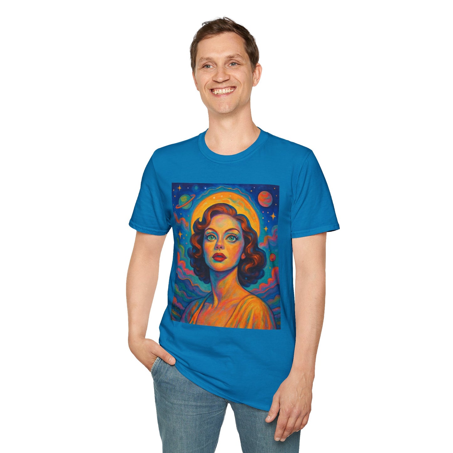 Retro Space Girl T Shirt Vintage Sci Fi Beauty Psychedelic Pop Art Galaxy Babe Tee Gift for Star Gazers Cosmic Fashion Astronaut Dreamwear