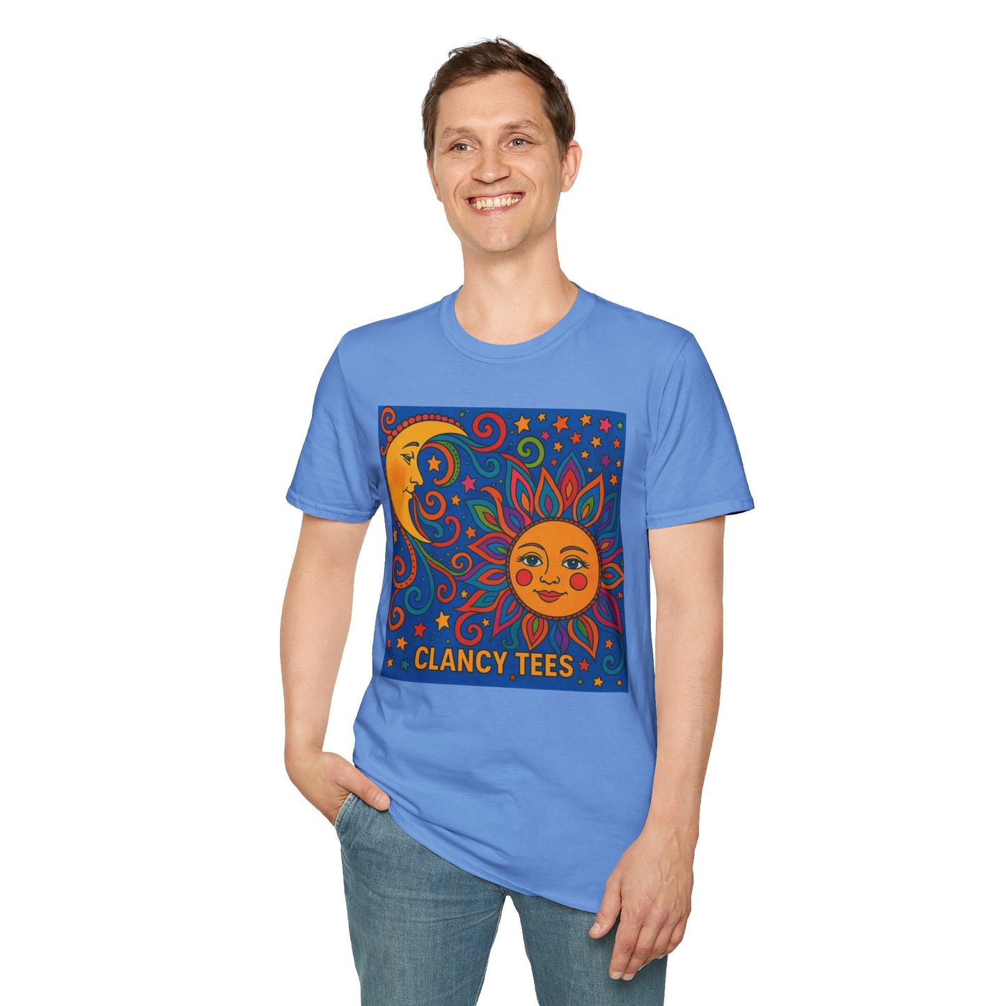 Sun and Moon Vibrant Tee, Unisex Softstyle T-Shirt for Summer Vibes, Boho Fashion, Gift for Her, Festival Wear, Casual Wear