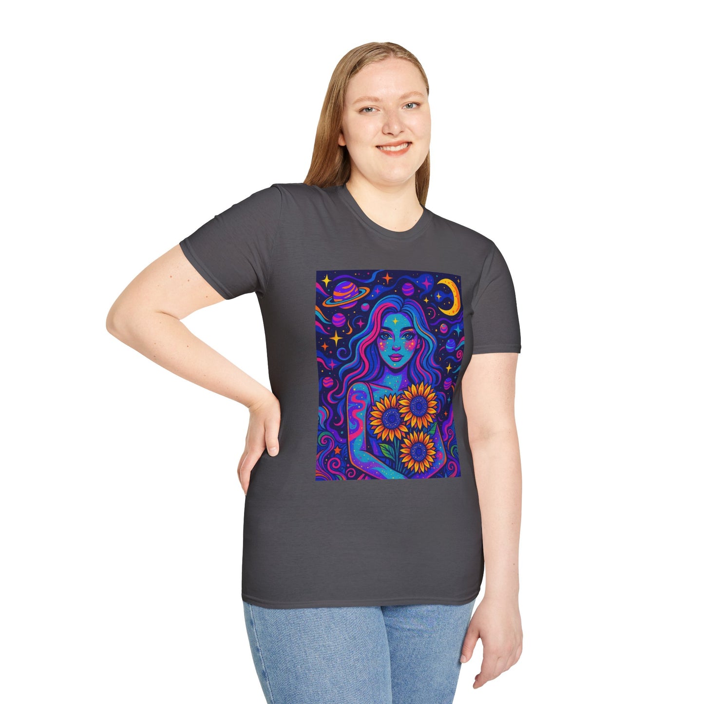 Psychedelic Sunflower Girl Shirt Trippy Space Goddess Tee Gift for Astrology Lovers Cosmic Art T Shirt for Hippies Star Gazers and Moon Magic Fans