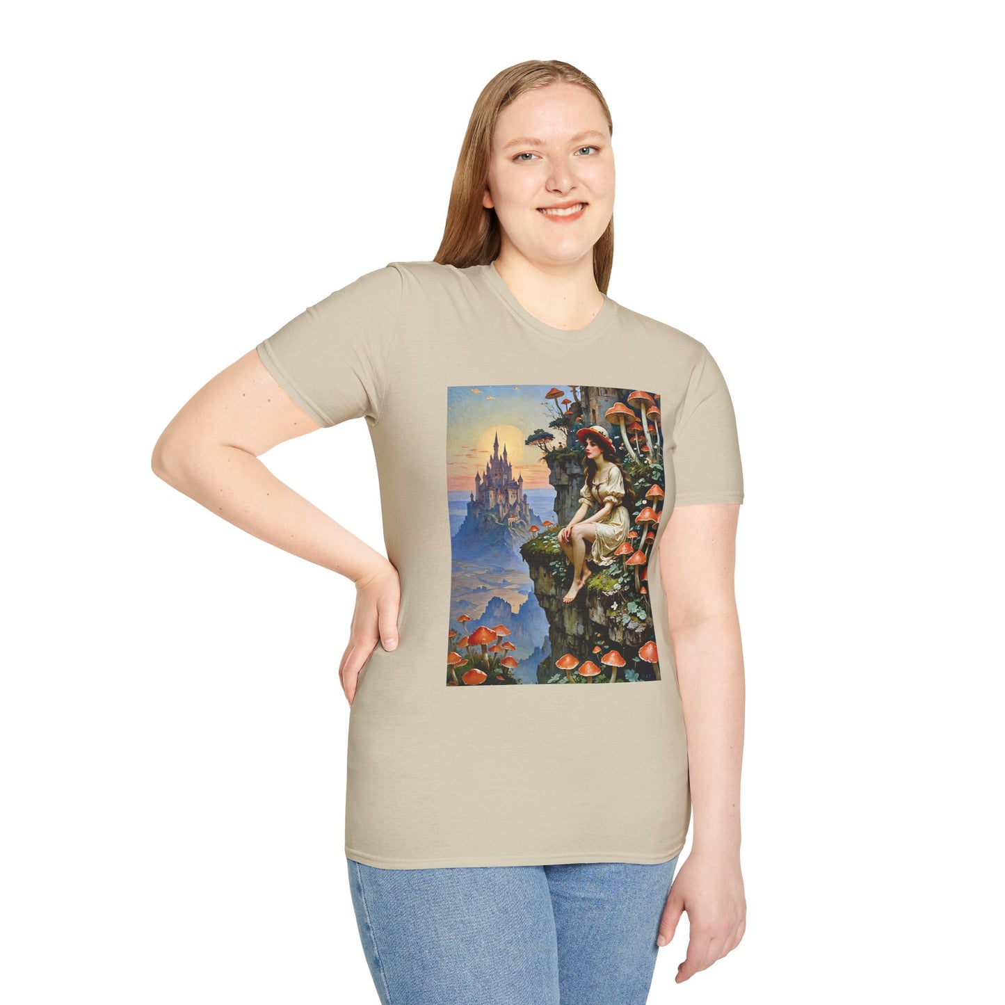 Fantasy Mushroom Fairy T-Shirt Enchanted Castle Cliffside Tee Surreal Magic Art Shirt Gift for Fantasy Fans Gift for Dreamers Psychedelic Nature Tee