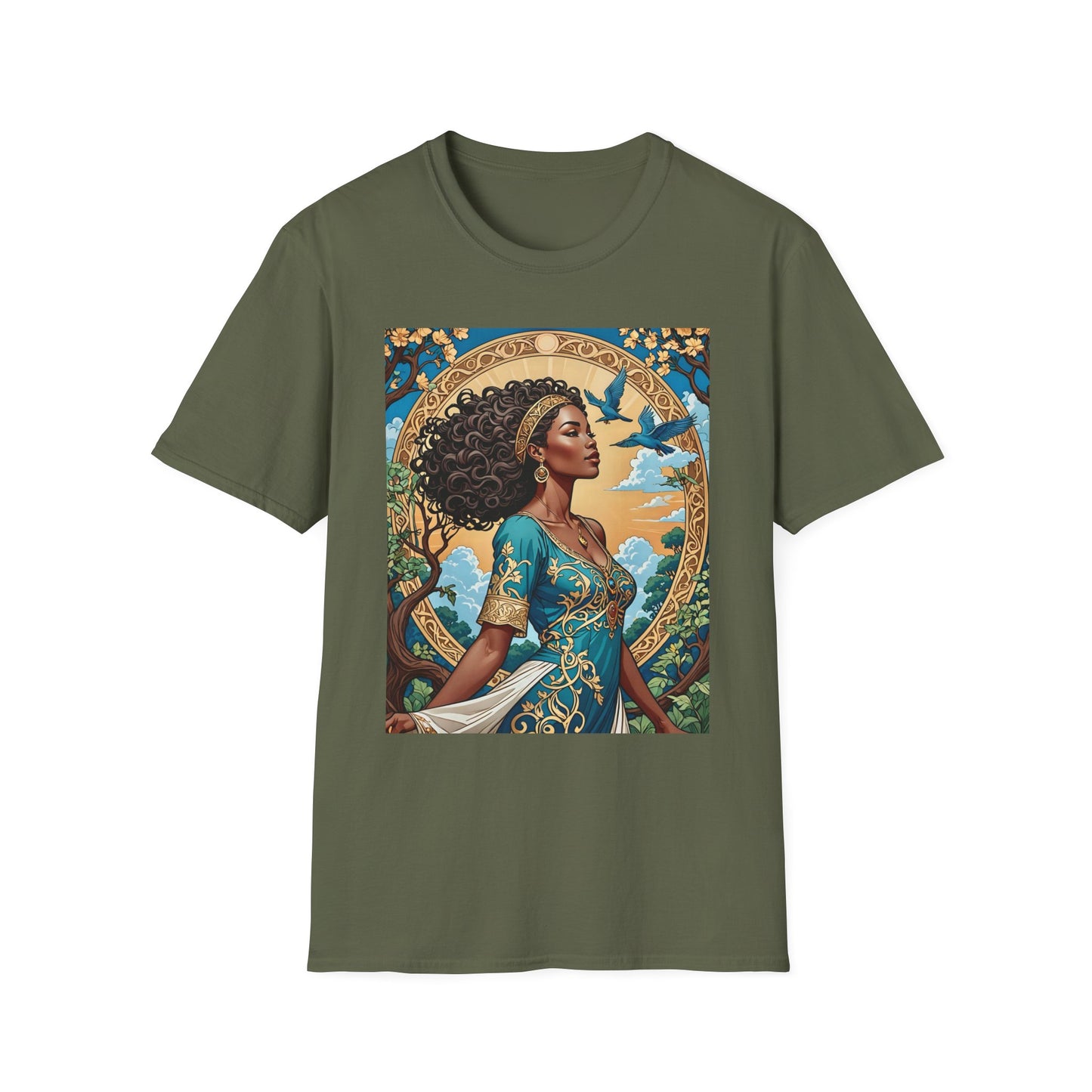 Bohemian Goddess T-Shirt, Unisex Softstyle Tee, Nature-Inspired Apparel, Gift for Women, Artistic Graphic Shirt, Eco-Friendly Fashion