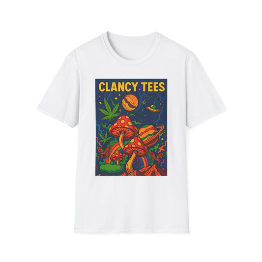 Trippy Mushroom Graphic T Shirt Psychedelic Space Art Tee Cosmic Fungi Illustration Unisex Softstyle Gift for Stoner Friends Gift for Psychedelic Fans