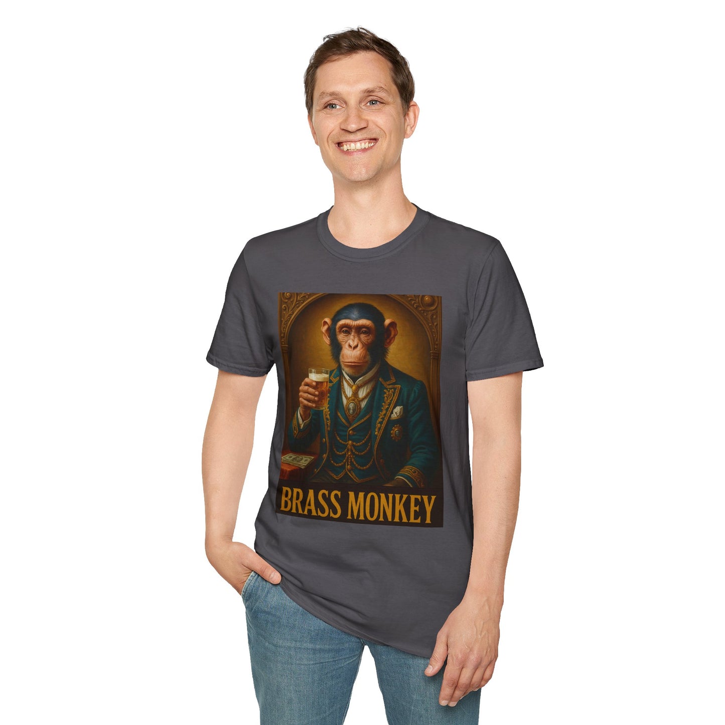 Brass Monkey T-Shirt Funny Retro Monkey Drinking Tee | Gift for Whiskey Lovers | Classy Drunk Humor Shirt | Animal Drinking Party Tee