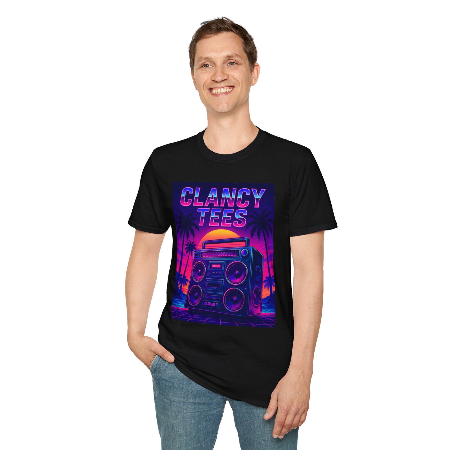 Retro Boombox Sunset Tee – Vaporwave Clancy Tees Shirt – Gift for 80s Kids, Music Lovers, Synthwave Fans & Nostalgic Neon Dreamers