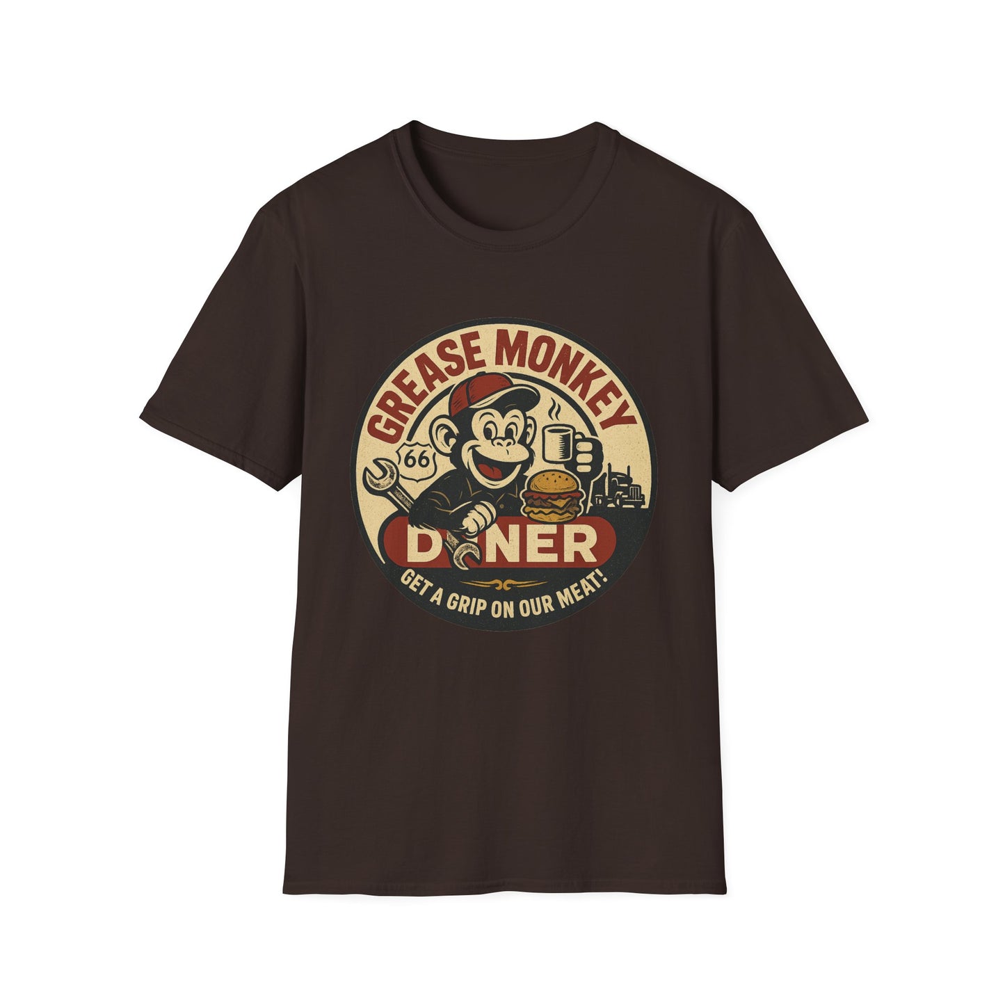 Grease Monkey Diner T-Shirt – Retro Mechanic Mascot Tee – Funny Vintage Roadside Shirt Gift for Car Guys, Grill Masters, and Route 66 Road Trip Fans