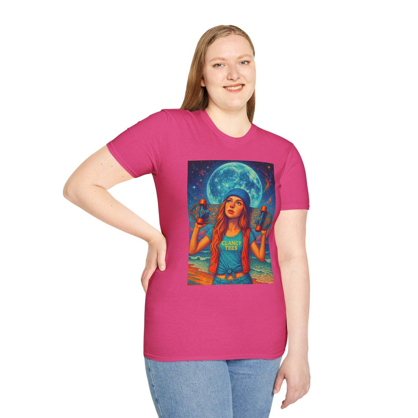 Bohemian Skater Girl Graphic Tee, Unisex T-Shirt with Moon & Nature Design, Perfect for Festivals, Gift for Nature Lovers, Summer Vibes, Casual Wear
