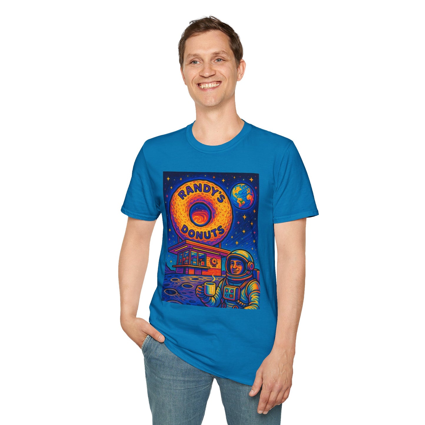 Space Donut T-Shirt – Retro Sci-Fi Astronaut Holding Coffee on the Moon – Gift for Foodies, Dreamers, and Outer Space Humor Fans