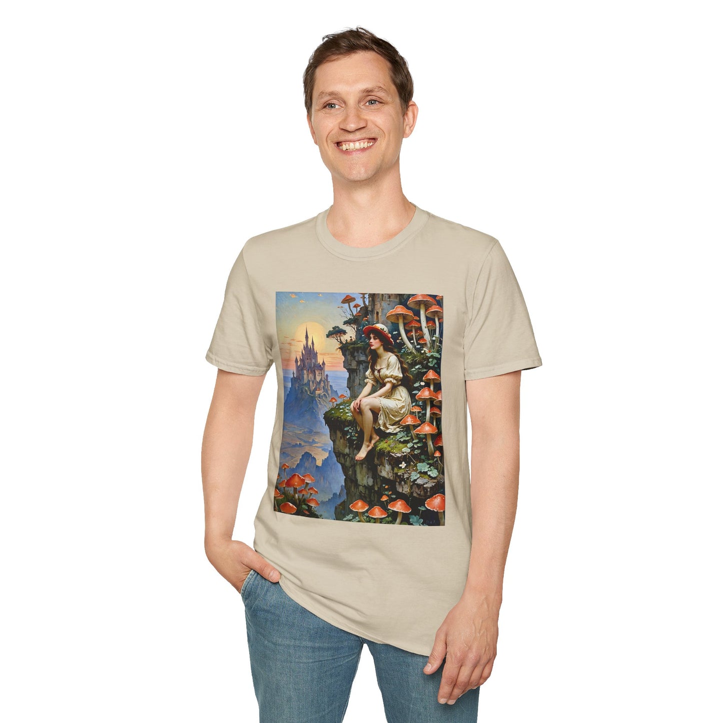 Fantasy Mushroom Fairy T-Shirt Enchanted Castle Cliffside Tee Surreal Magic Art Shirt Gift for Fantasy Fans Gift for Dreamers Psychedelic Nature Tee