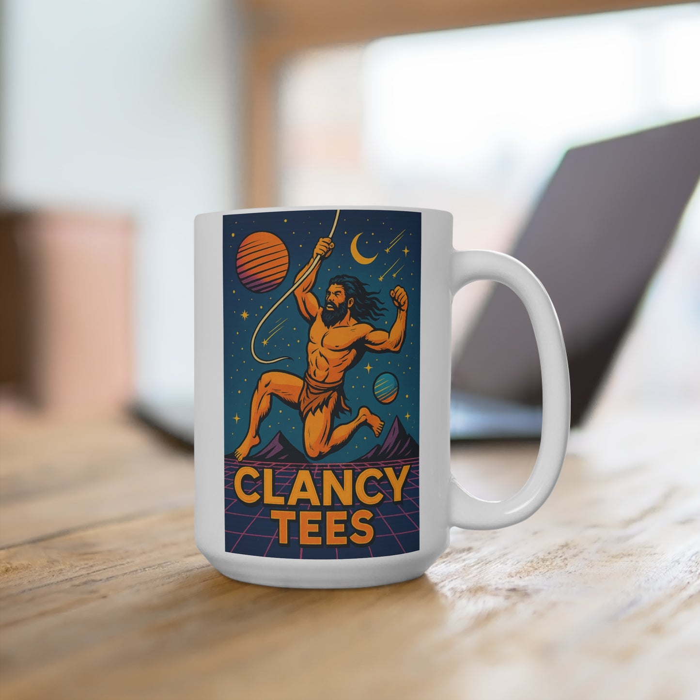 Cosmic Caveman Coffee Mug Funny 15oz Ceramic Cup Retro Sci Fi Gift For Myth Lovers Bold Humor Morning Drinkware Unique ClancyTees Design