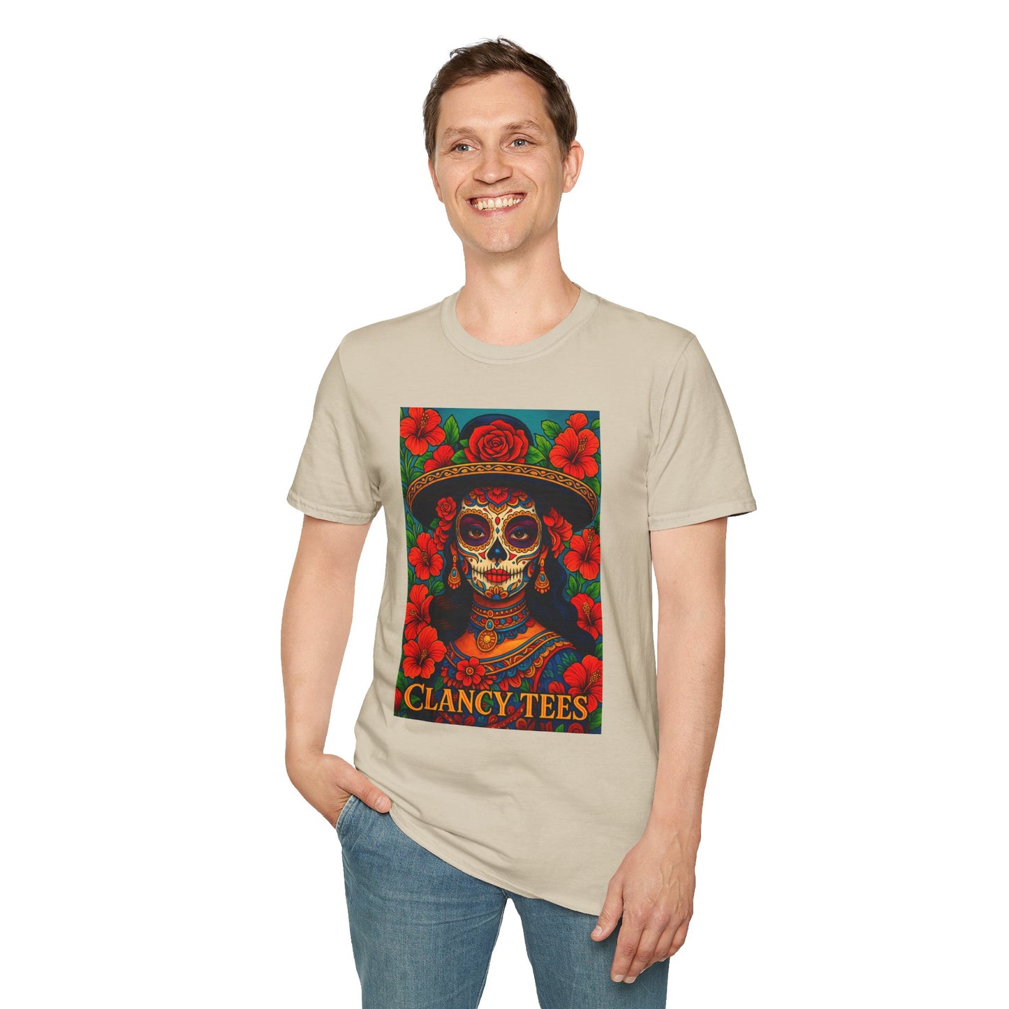 Colorful Sugar Skull T-Shirt, Day of the Dead Tee, Unique Graphic Shirt, Festival Apparel, Gift for Halloween, Unisex Softstyle Tee