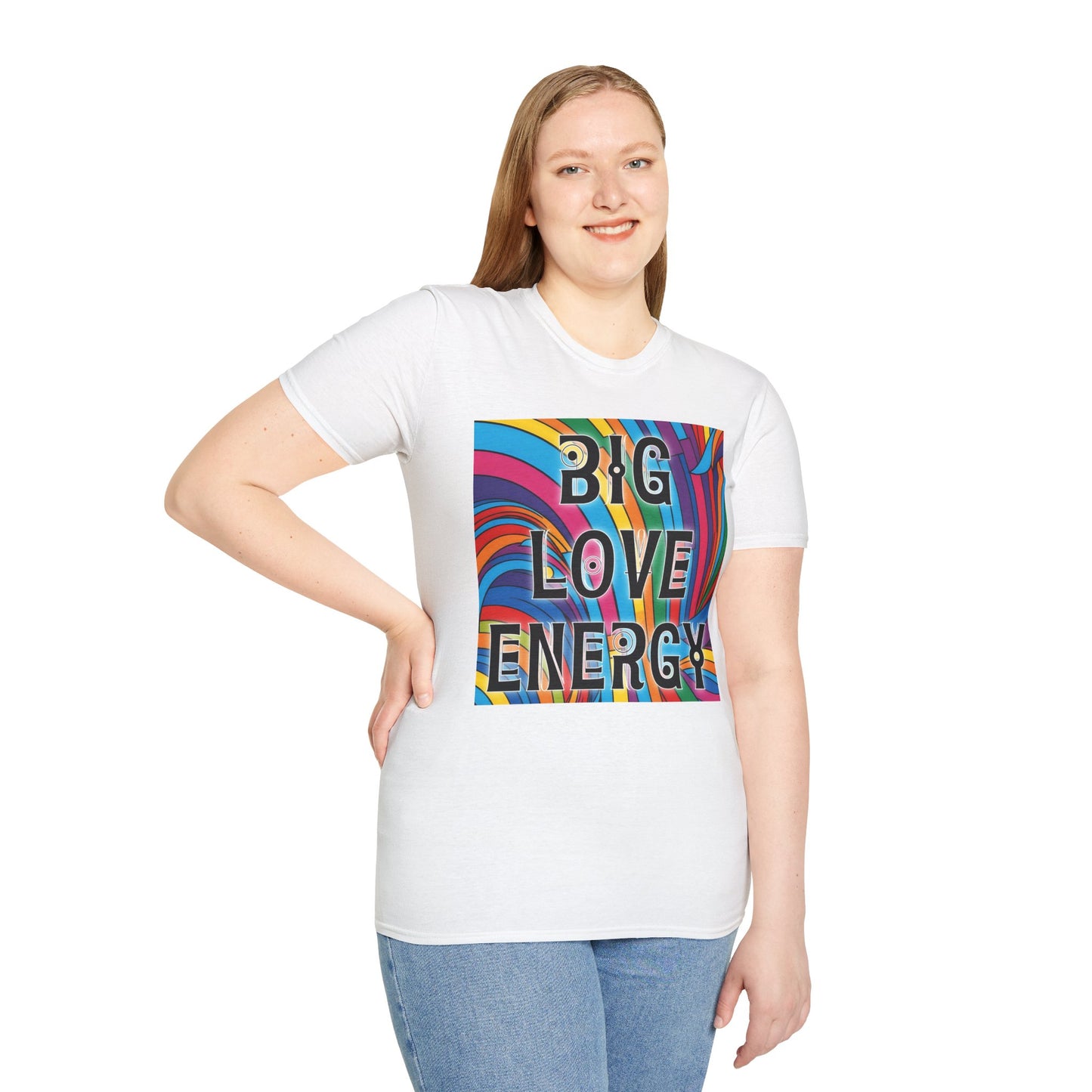 Big Love Energy Shirt – Colorful Retro Pride Rainbow Tee with Bold Positive Message – Gift for Optimists, LGBTQ Friends, and Love-First People