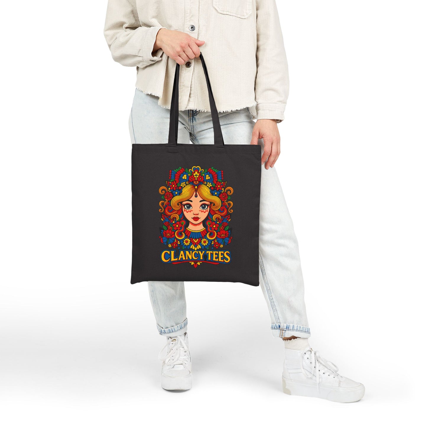 Psychedelic Art Tote Bag With Retro Floral Face Design Groovy Fashion Accessory Everyday Carry Bag Clancy Tees Artwork