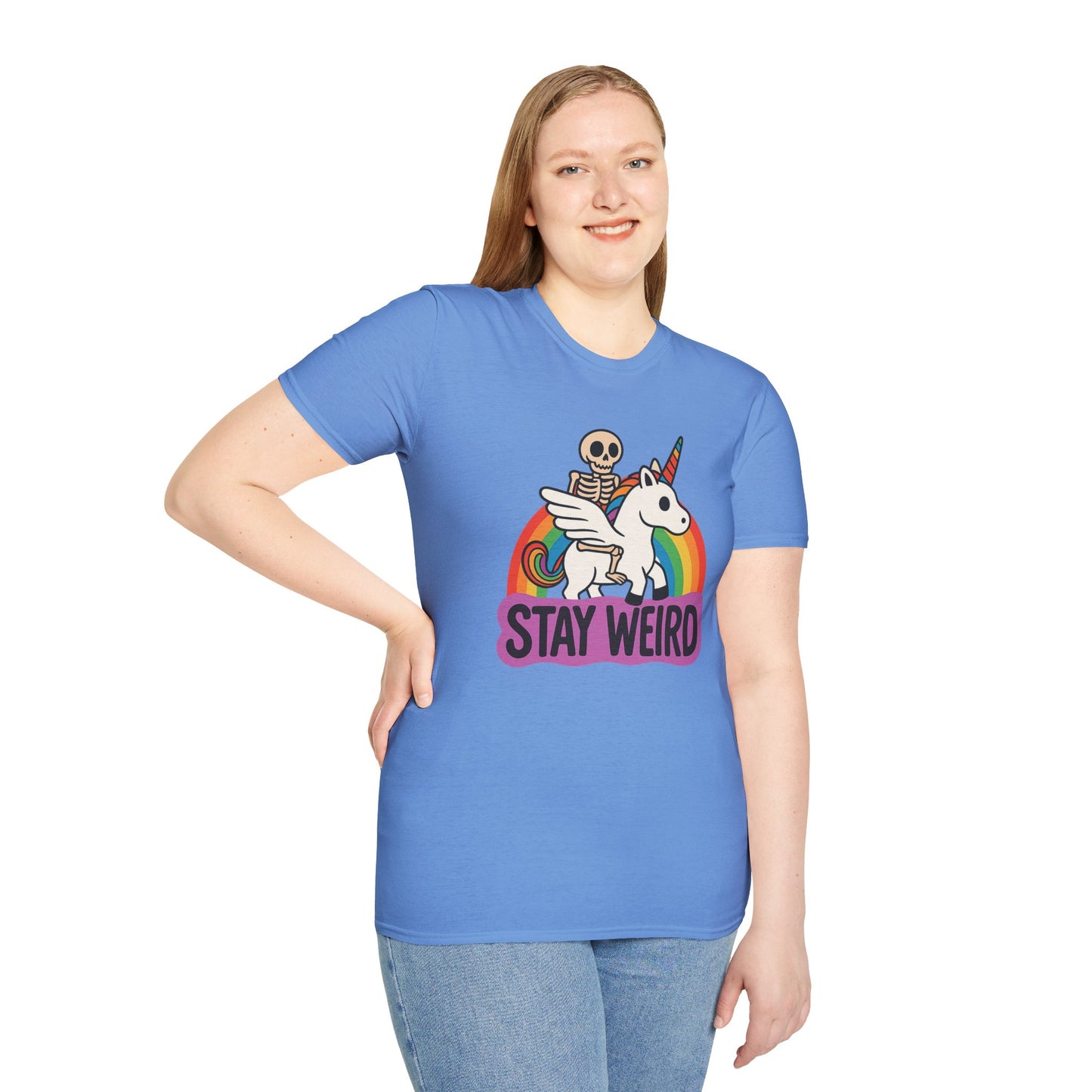 Stay Weird Skeleton Unicorn Shirt – Funny Rainbow Graphic Tee – Whimsical Weirdcore Clothing – Gift for Quirky Friends and Oddball Souls