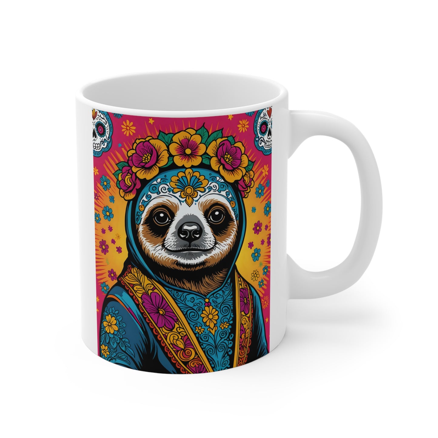 Colorful Sloth Coffee Mug 11oz Ceramic Cup Day Of The Dead Inspired Drinkware Vibrant Sugar Skull Artwork Unique Animal Design For Coffee And Tea