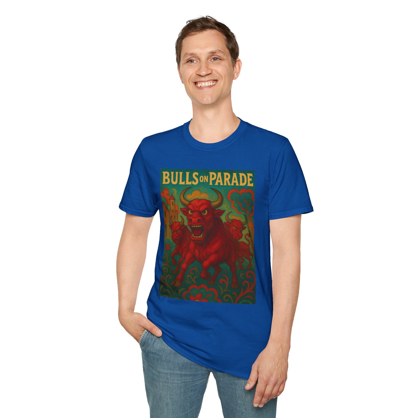 Bulls on Parade Shirt – Psychedelic Rage-Inspired Bull Graphic Tee • Gildan Softstyle® Unisex • Protest Art T-Shirt • Gift for Rage Fans