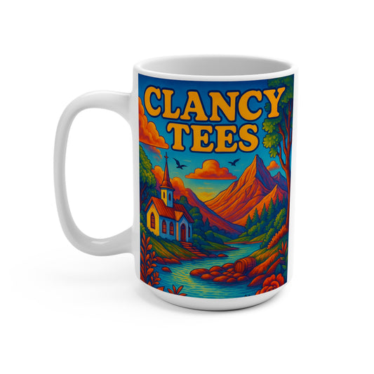 Colorful Mountain Landscape Coffee Mug Retro Church River Artwork Ceramic Cup Psychedelic Nature Scene Gift for Outdoors Lovers Unique Drinkware