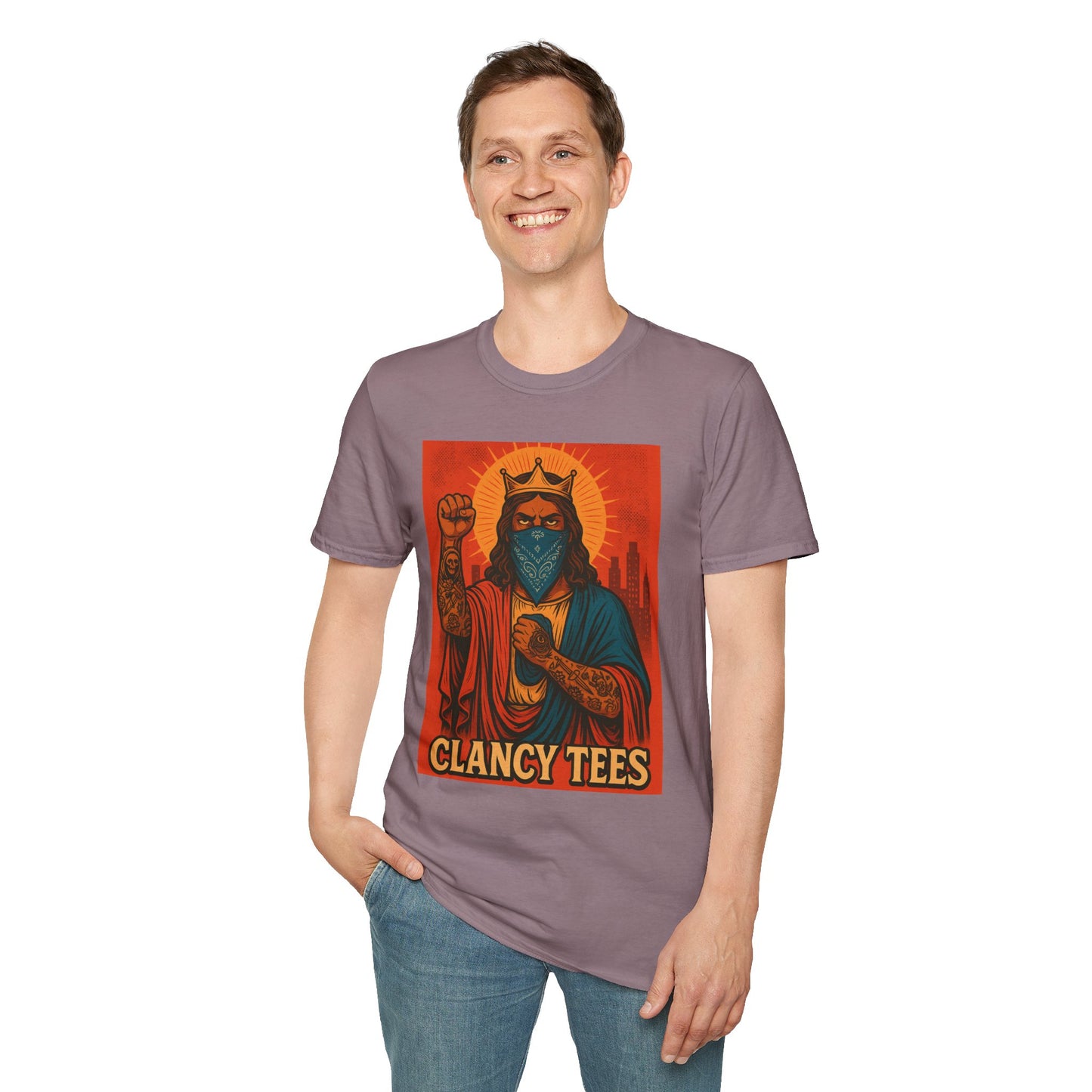 Tattooed Jesus Street Art Shirt – Clancy Tees | Urban Messiah Graphic Tee | Bold Religious Satire Shirt | King of the Block Tee