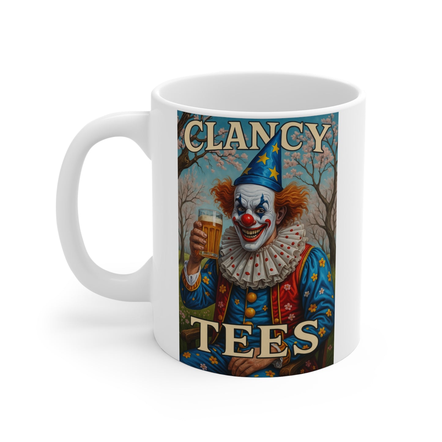 Creepy Clown Ceramic Mug 11oz – Funny Scary Coffee Cup, Dark Humor Drinkware, Bold Circus Artwork