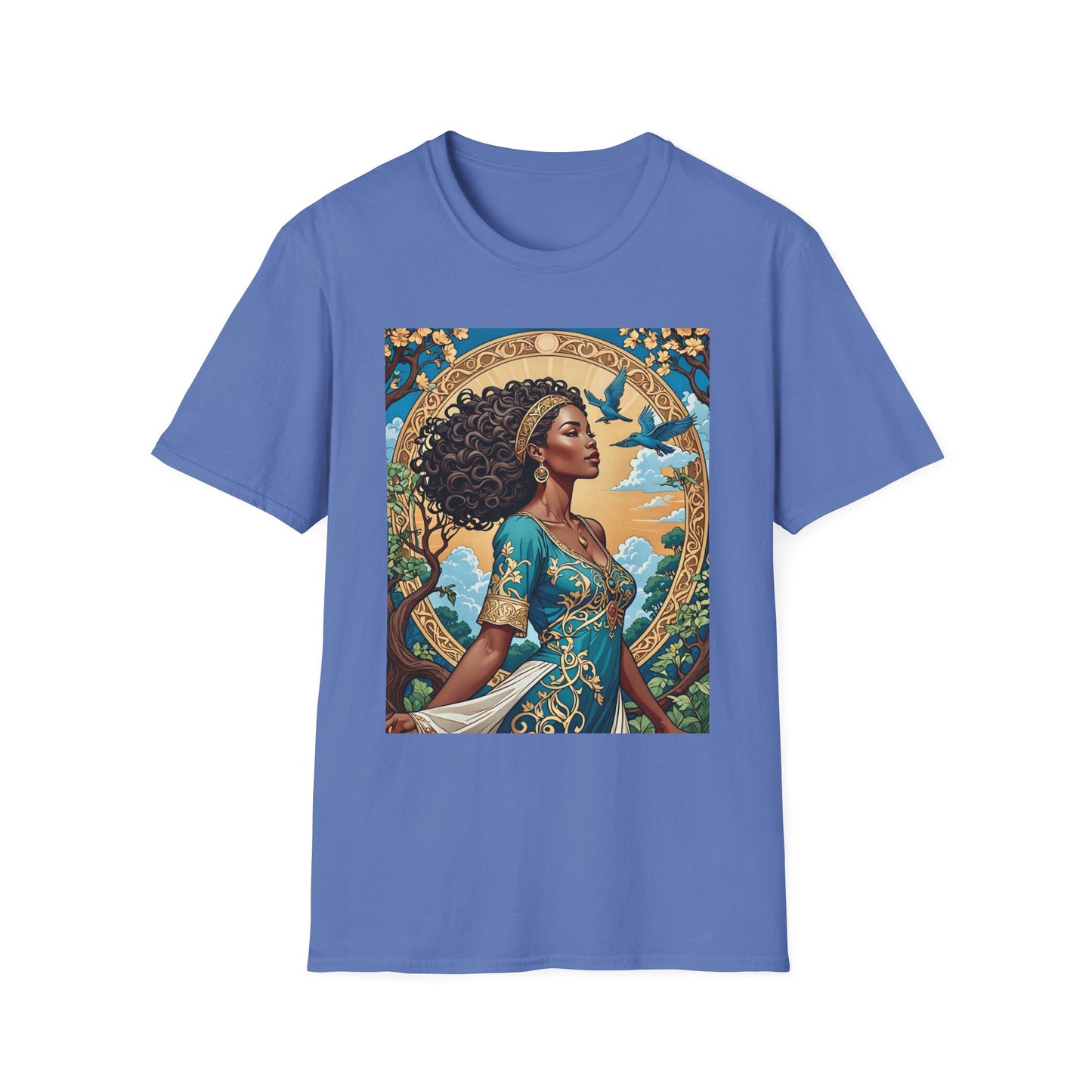 Bohemian Goddess T-Shirt, Unisex Softstyle Tee, Nature-Inspired Apparel, Gift for Women, Artistic Graphic Shirt, Eco-Friendly Fashion