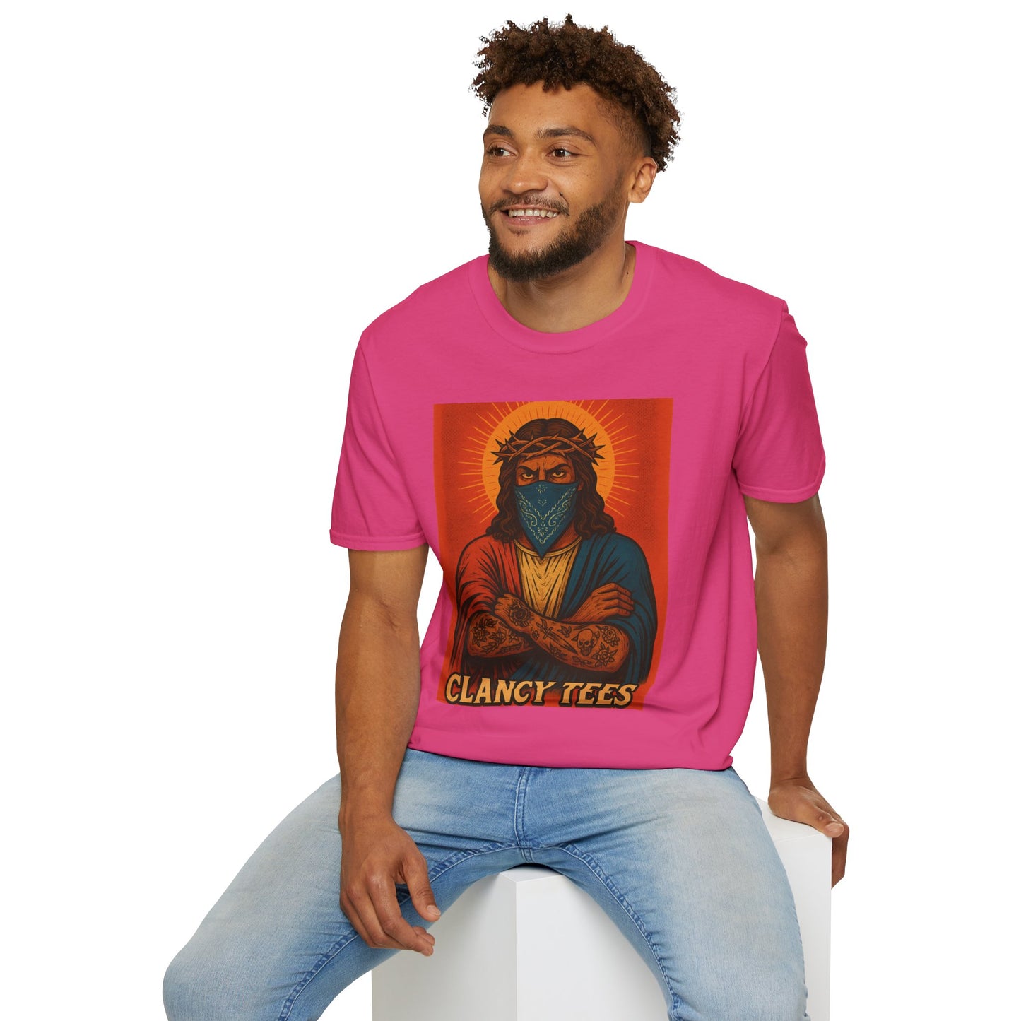 Gangsta Jesus Tattoo Shirt – Bold Religious Parody Tee with Face Mask – Street Art Style Graphic – Gift for Rebels, Sinners, and Faithful Rule-Breakers