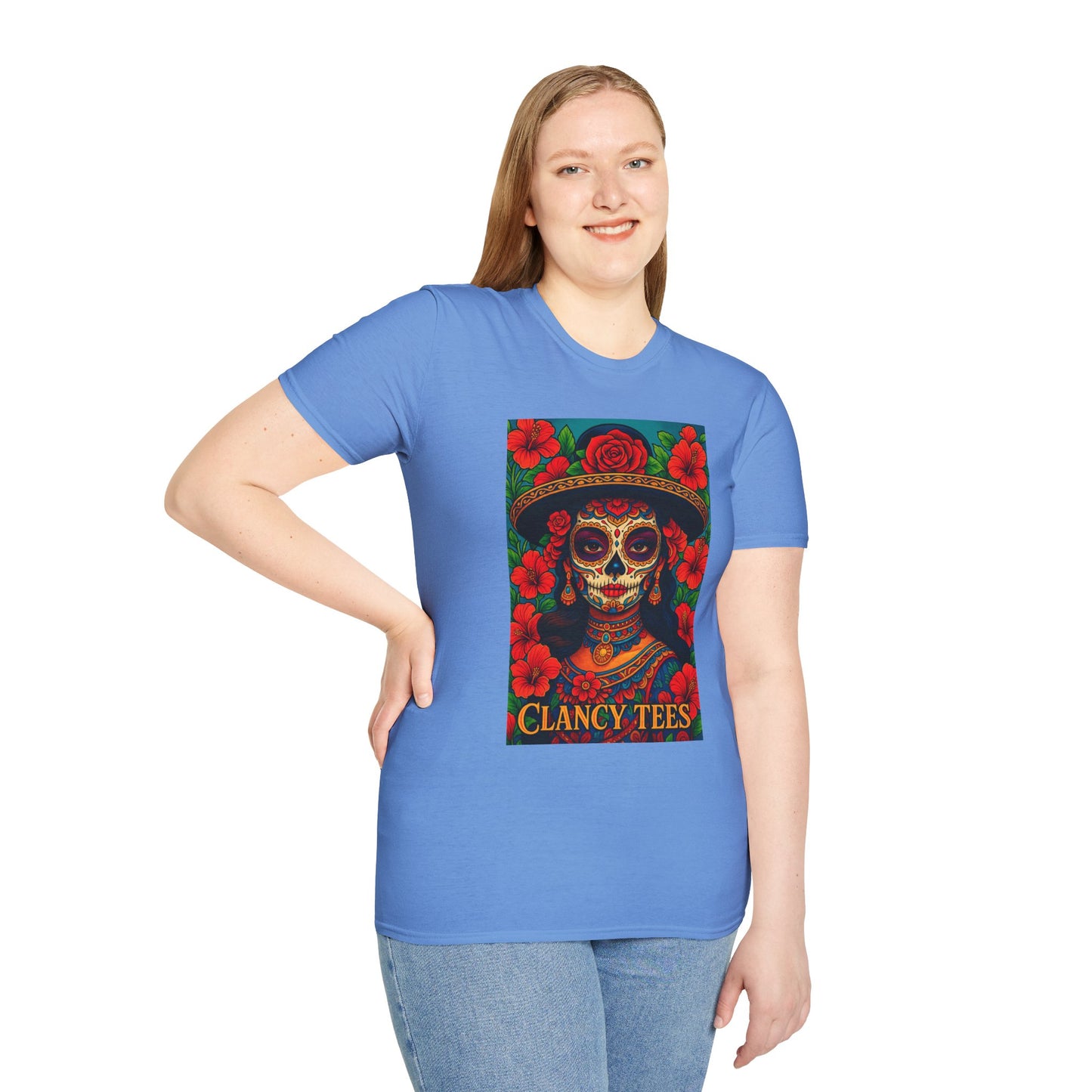 Colorful Sugar Skull T-Shirt, Day of the Dead Tee, Unique Graphic Shirt, Festival Apparel, Gift for Halloween, Unisex Softstyle Tee