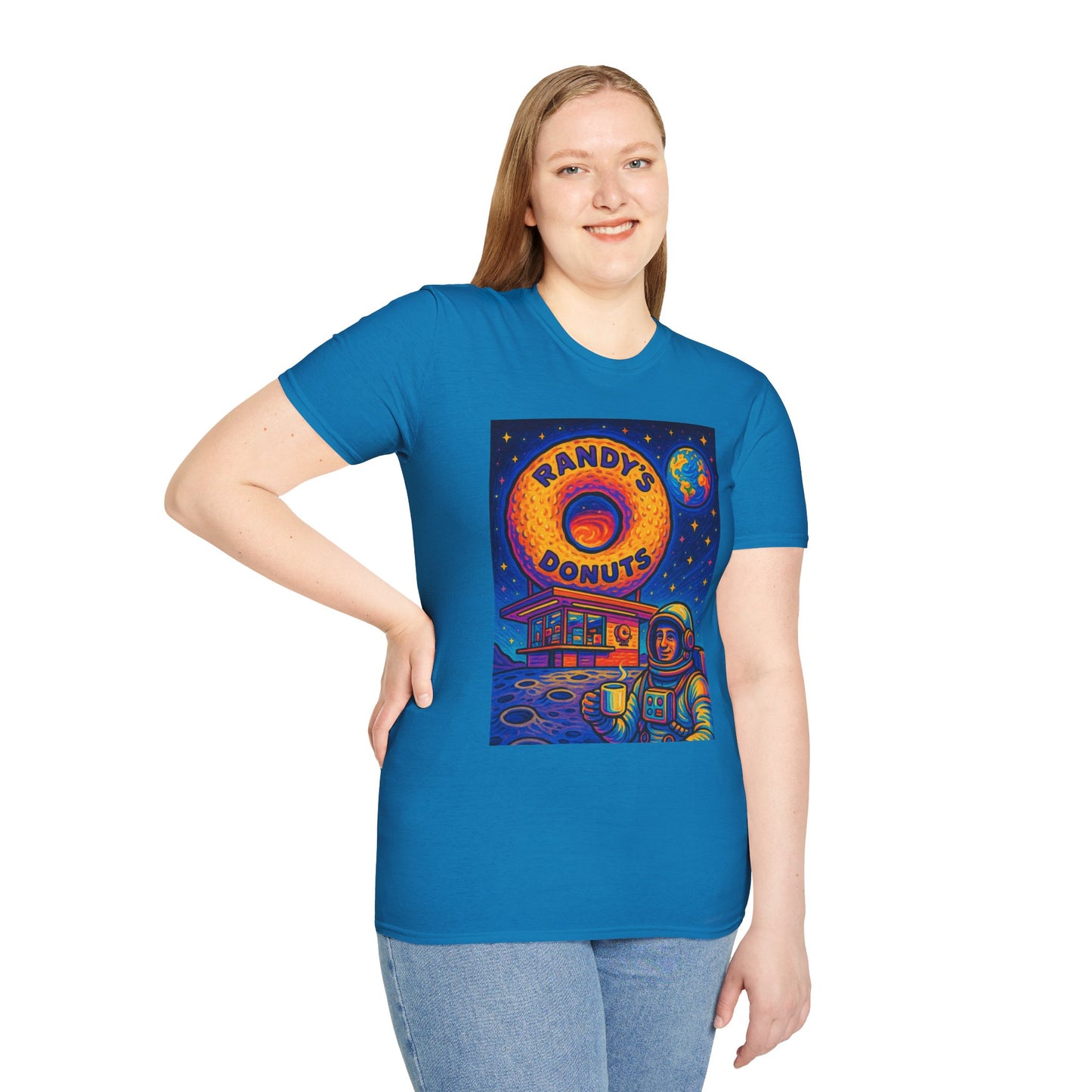 Space Donut T-Shirt – Retro Sci-Fi Astronaut Holding Coffee on the Moon – Gift for Foodies, Dreamers, and Outer Space Humor Fans