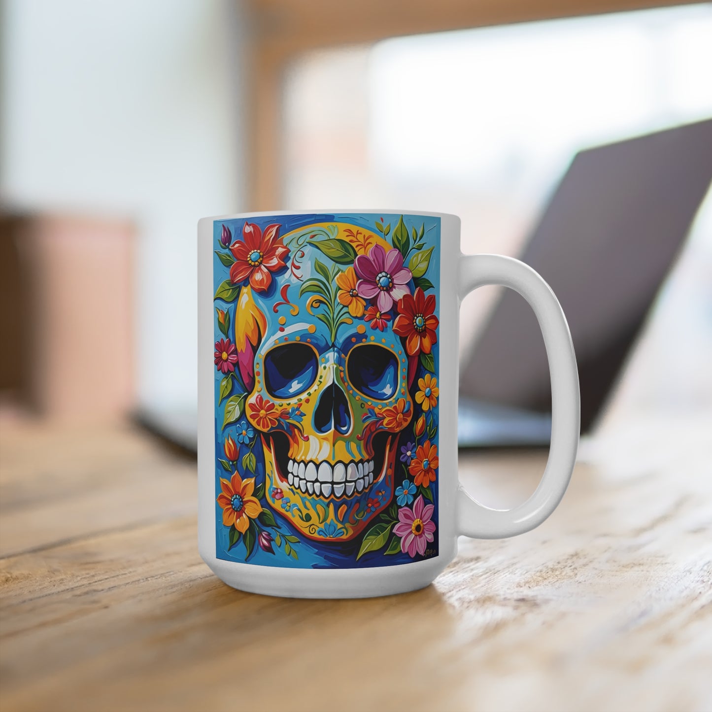 Day Of The Dead Skull Mug – Colorful Sugar Skull Coffee Cup, Floral Skeleton Artwork, Gothic Boho Gift