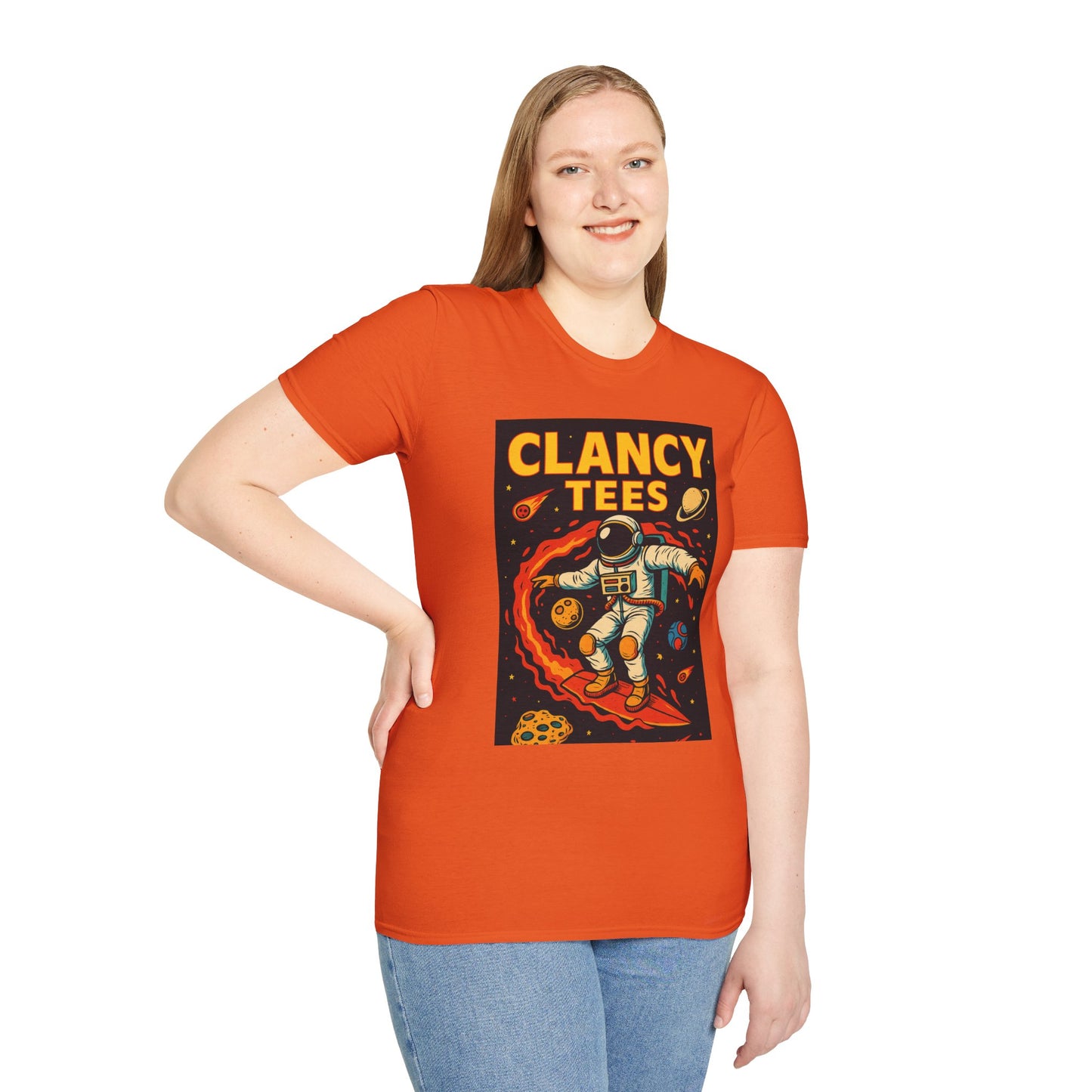 Astronaut Surfing T-Shirt – Outer Space Surfer Tee – Gift for Sci-Fi Beach Bums, Stoner Surfers, and Cosmic Wave Riders