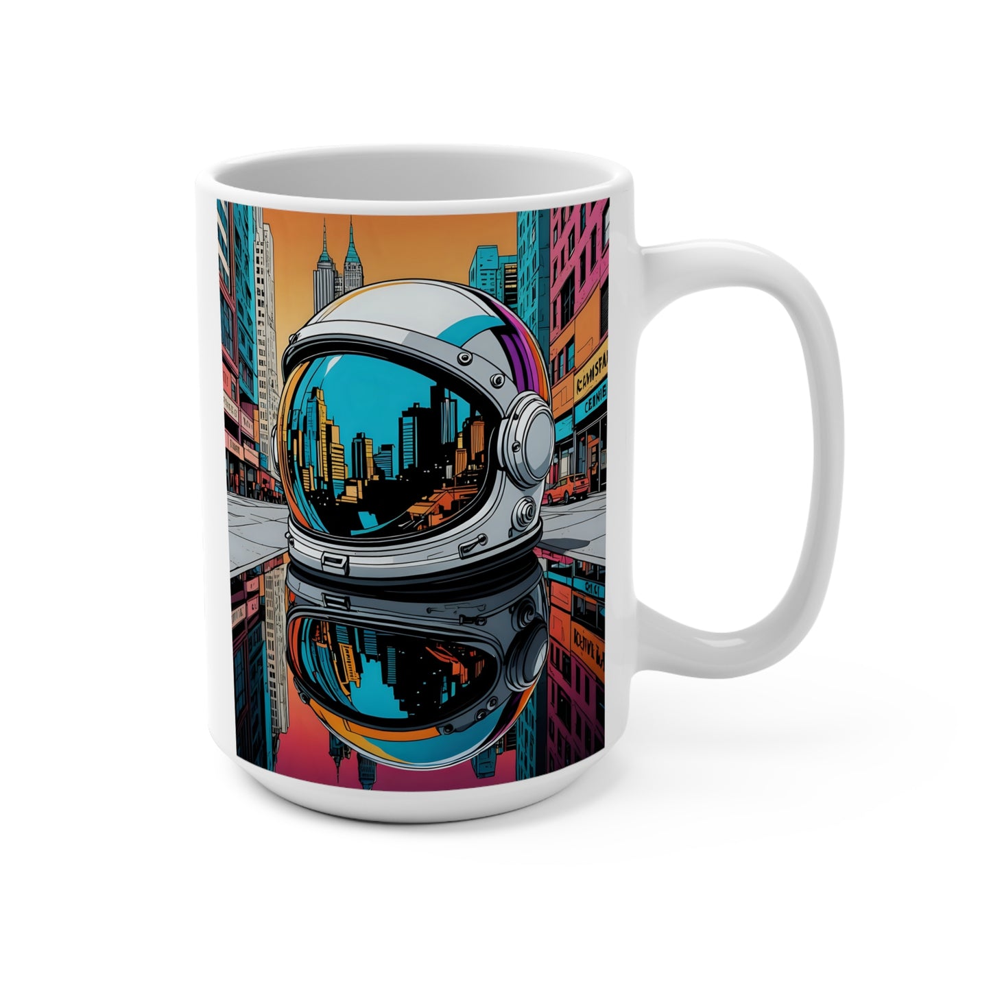 Astronaut Helmet Reflection Mug Futuristic City Sci Fi Coffee Cup 15oz Ceramic Gift For Space And Galaxy Lovers