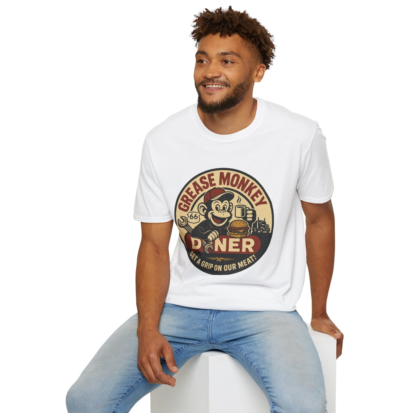 Grease Monkey Diner T-Shirt – Retro Mechanic Mascot Tee – Funny Vintage Roadside Shirt Gift for Car Guys, Grill Masters, and Route 66 Road Trip Fans