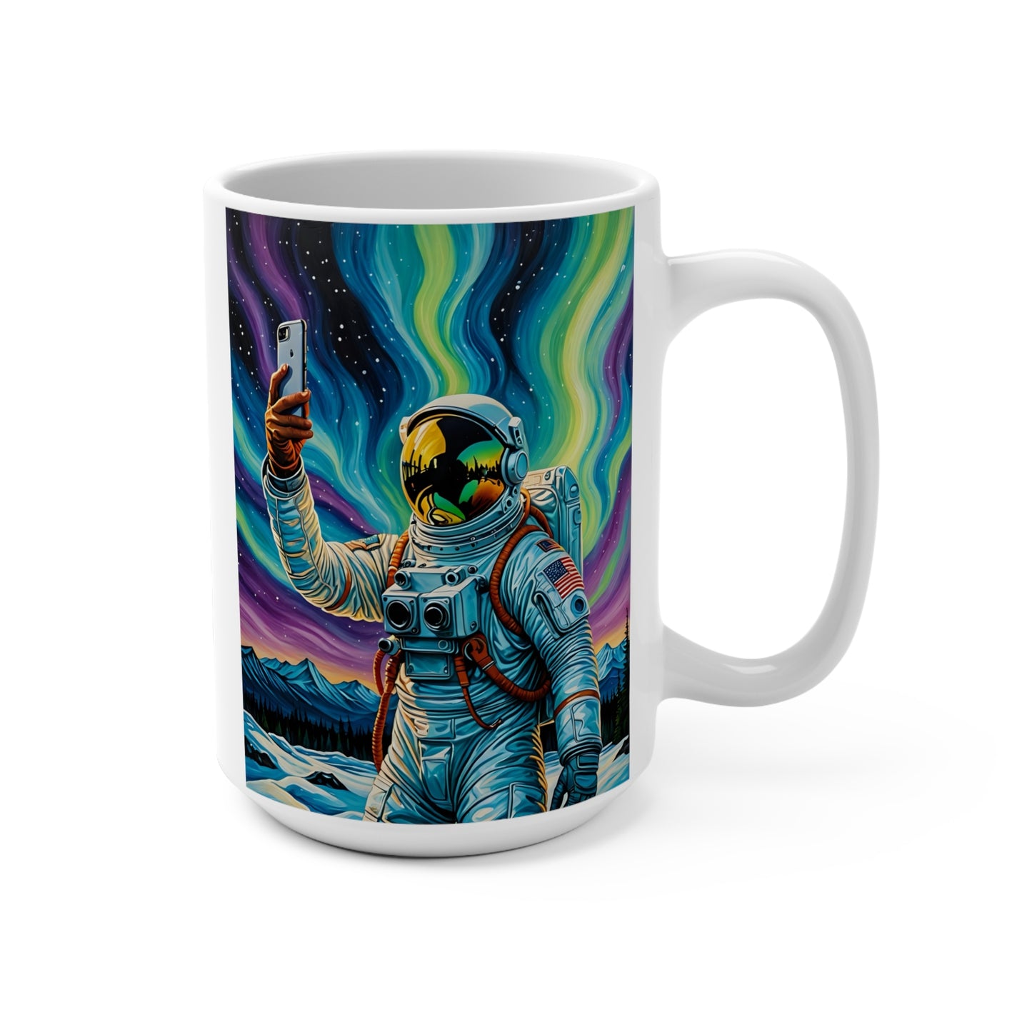 Astronaut Selfie Coffee Mug Psychedelic Northern Lights Ceramic Cup Outer Space Adventure Artwork Gift for Stargazers Cosmic Drinkware Unique Galaxy Art