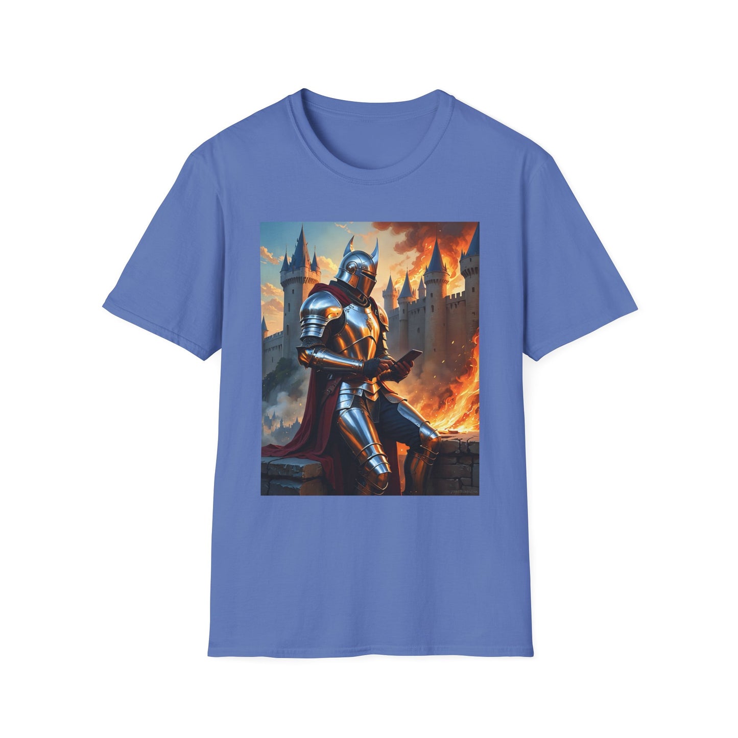 Knight in Burning Castle Shirt – Dark Fantasy Armor Tee – Gift for RPG Fans, Medieval Nerds, and Apocalyptic History Buffs