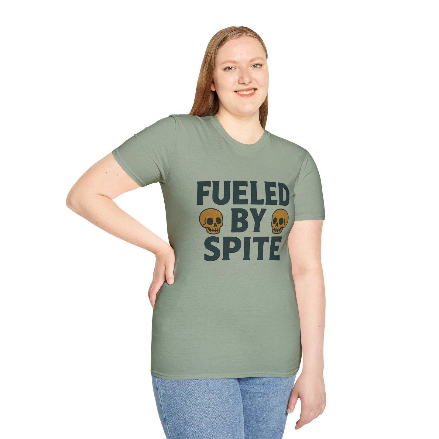 Fueled by Spite Unisex Softstyle T-Shirt, Funny Graphic Tee, Goth Aesthetic Shirt, Gifts for Spiteful Friends, Casual Wear
