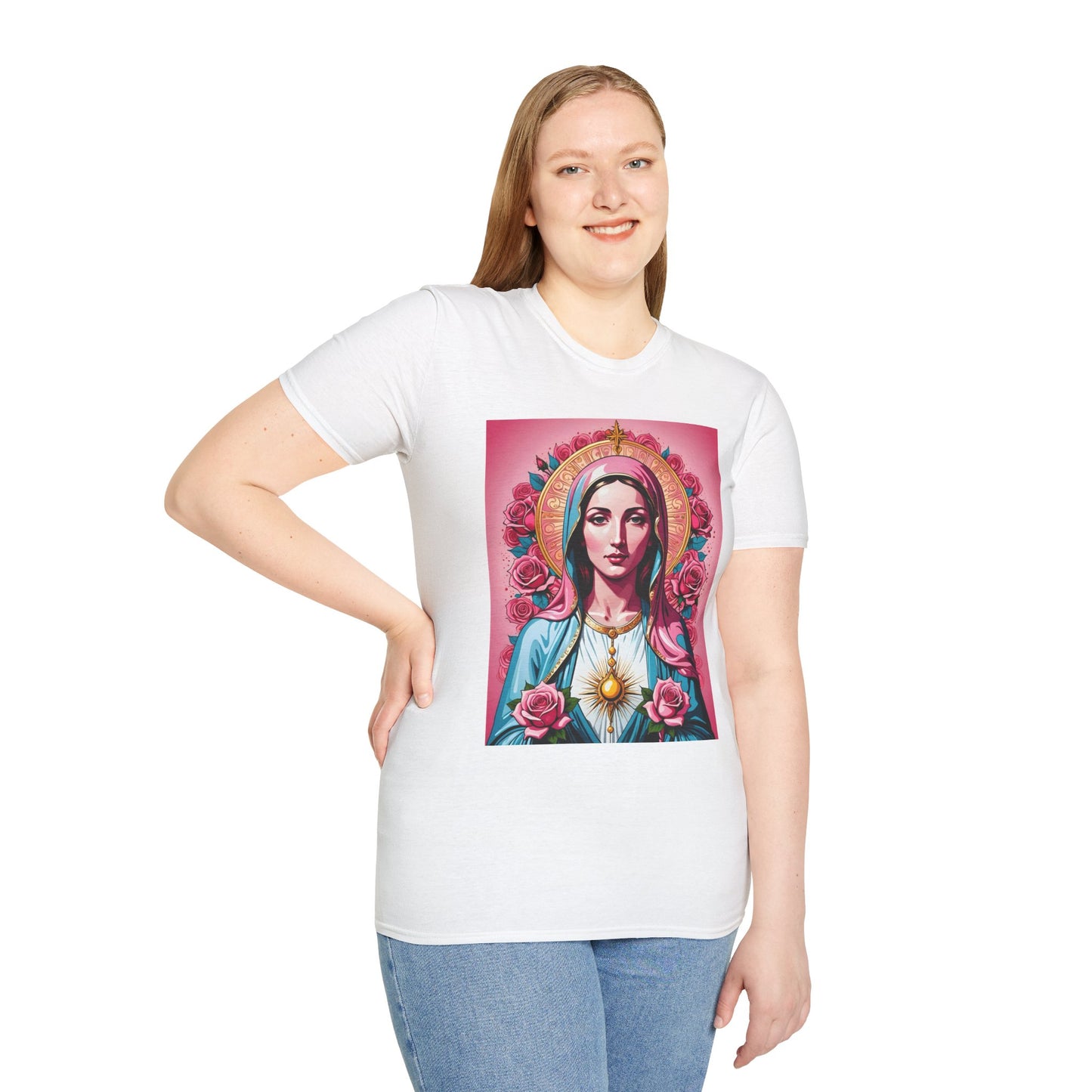 Unisex Softstyle T-Shirt with Sacred Heart Design, Spiritual Apparel, Artistic Gift for Many Occasions, Vintage Aesthetic, Festive Wear