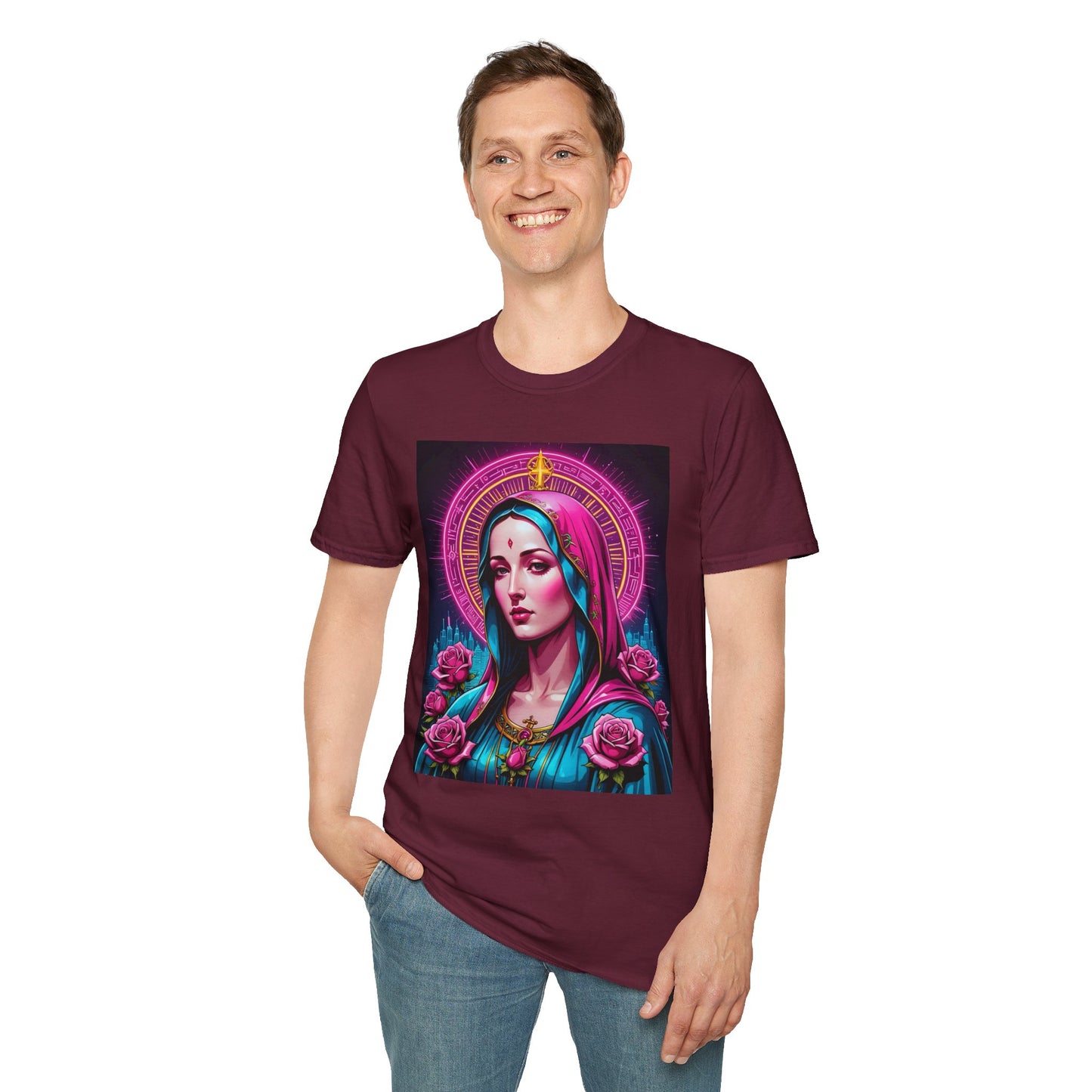 Religious Graphic Tee - Vibrant Mary Artwork, Gift for Devotees, Floral Design Shirt, Faith-Inspired Apparel, Everyday Wear