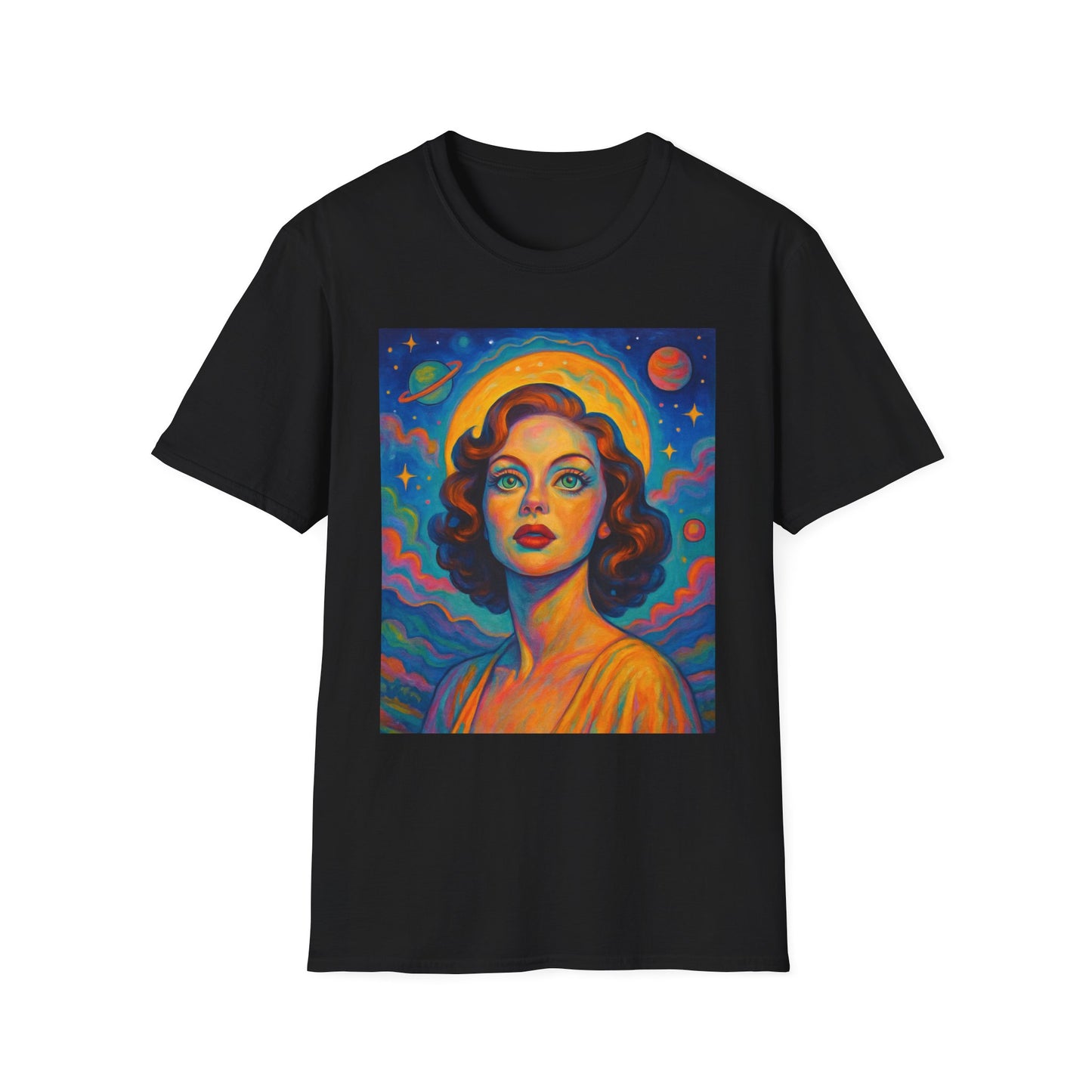 Retro Space Girl T Shirt Vintage Sci Fi Beauty Psychedelic Pop Art Galaxy Babe Tee Gift for Star Gazers Cosmic Fashion Astronaut Dreamwear