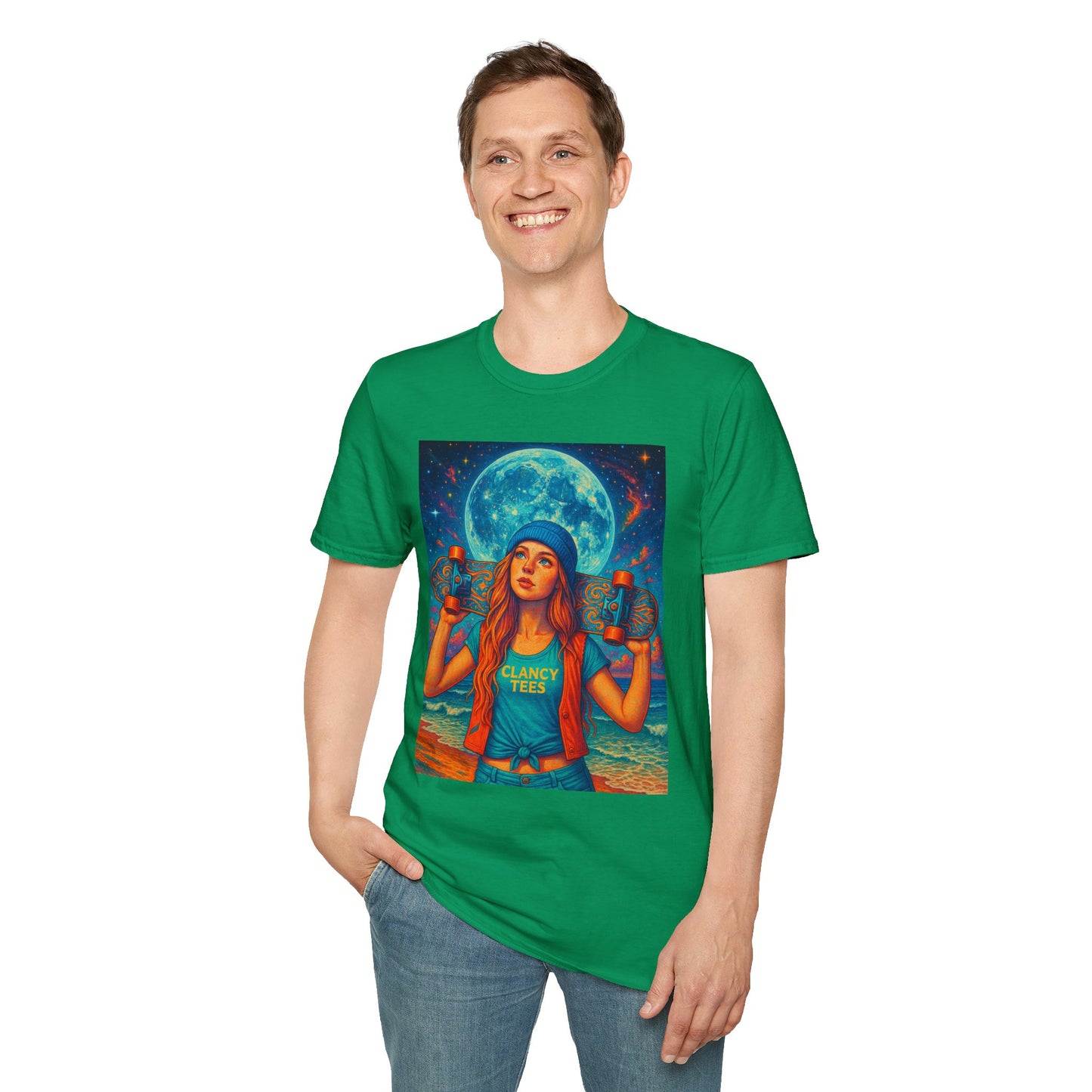 Bohemian Skater Girl Graphic Tee, Unisex T-Shirt with Moon & Nature Design, Perfect for Festivals, Gift for Nature Lovers, Summer Vibes, Casual Wear